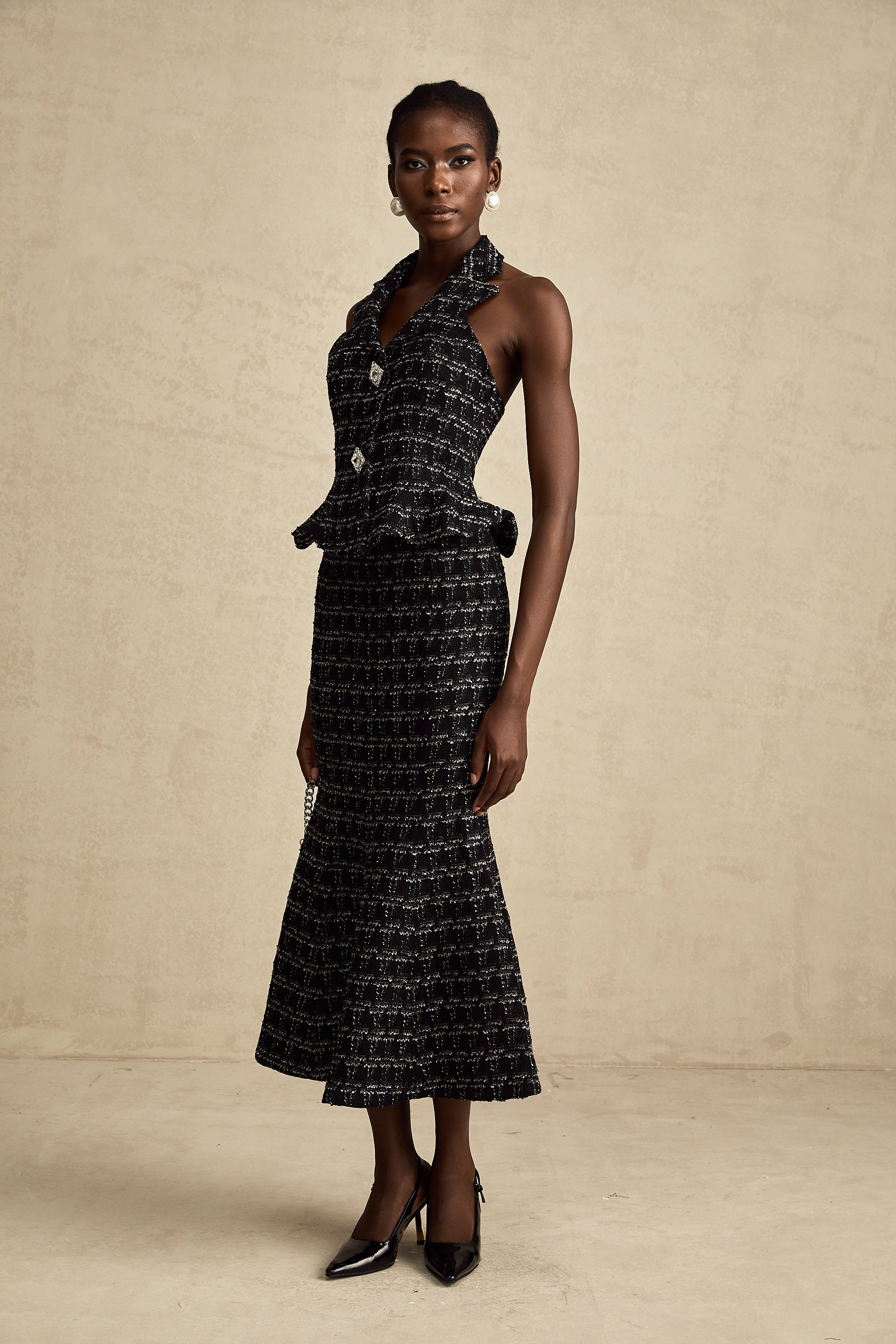 Axelle black checked tweed vest top & skirt matching set (US Only)