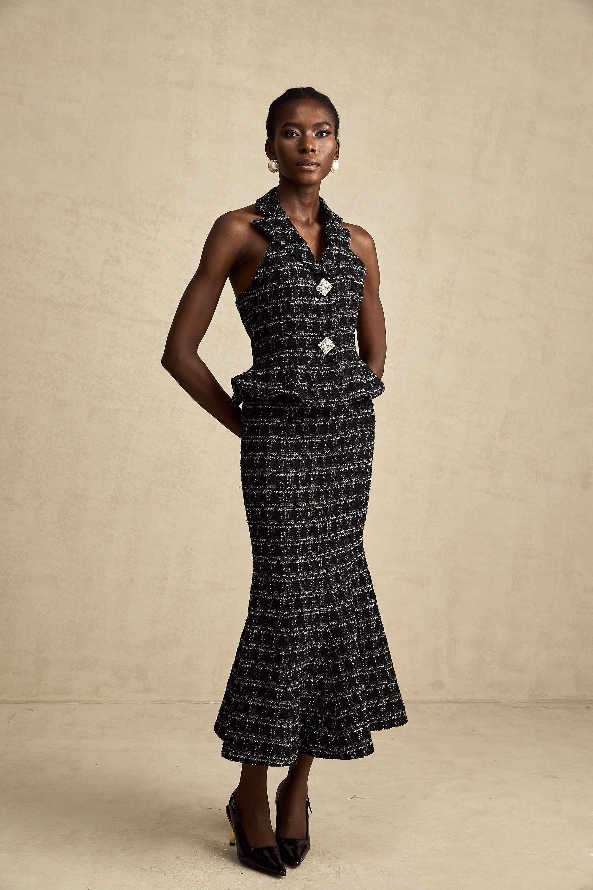 Axelle black checked tweed vest top & skirt matching set (US Only)
