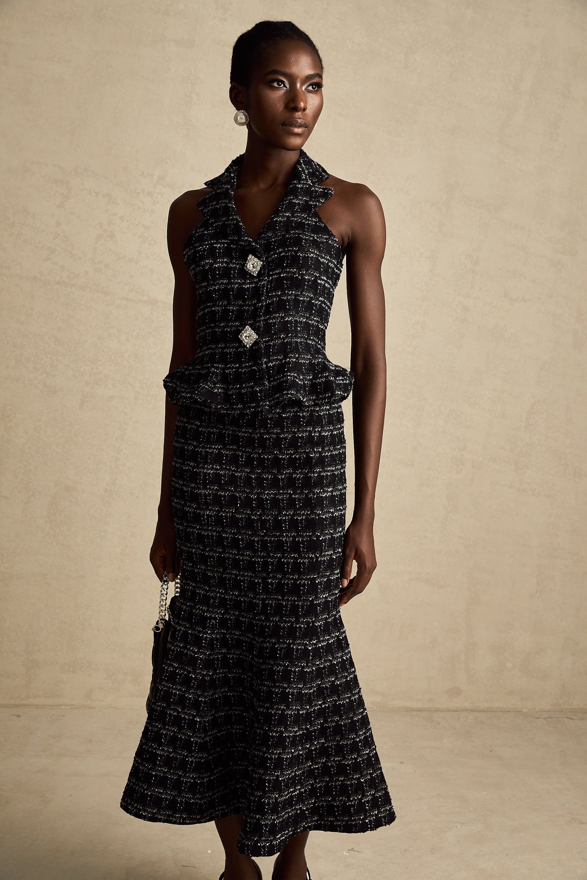 Axelle black checked tweed vest top & skirt matching set (US Only)