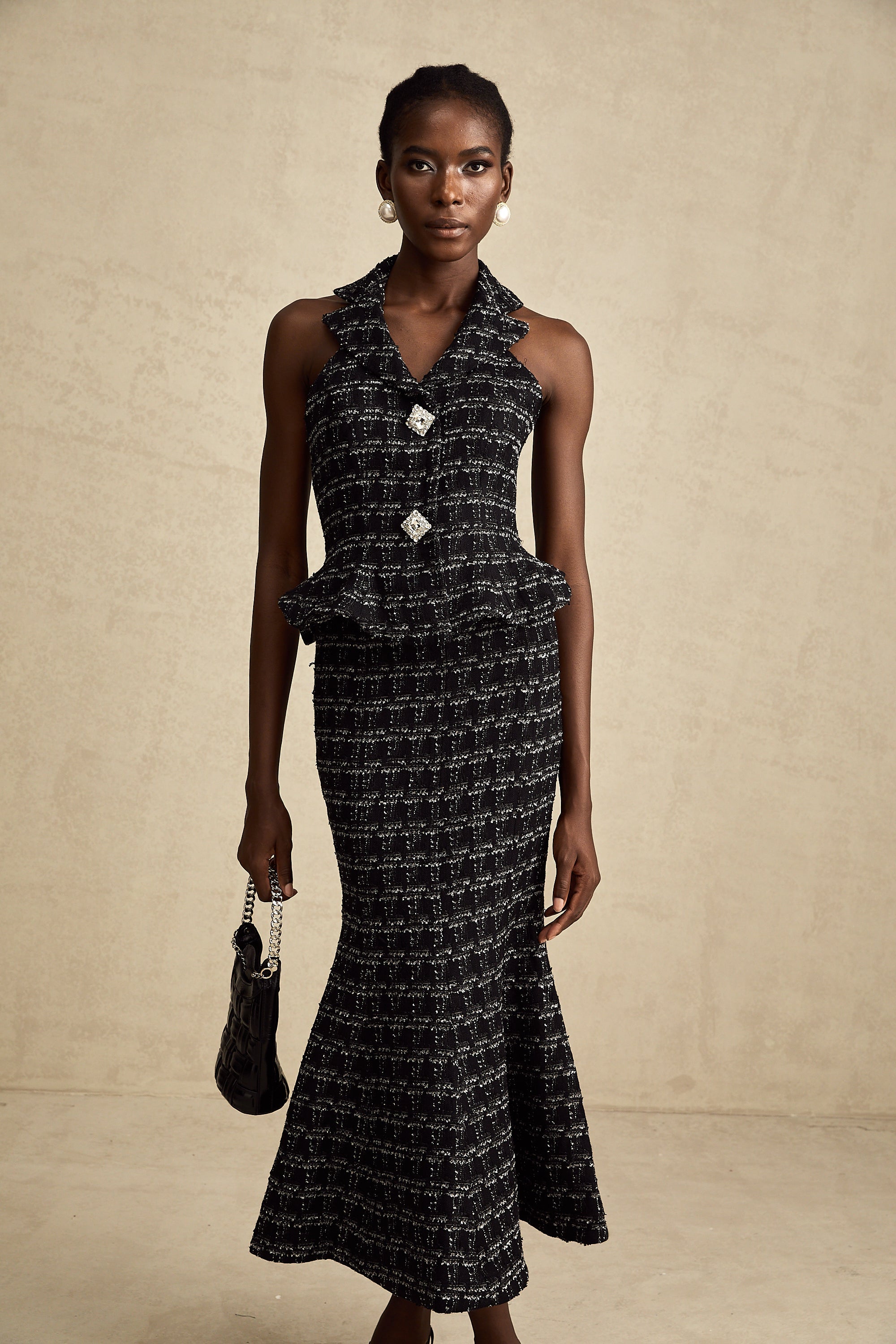 Axelle black checked tweed vest top & skirt matching set (US Only)