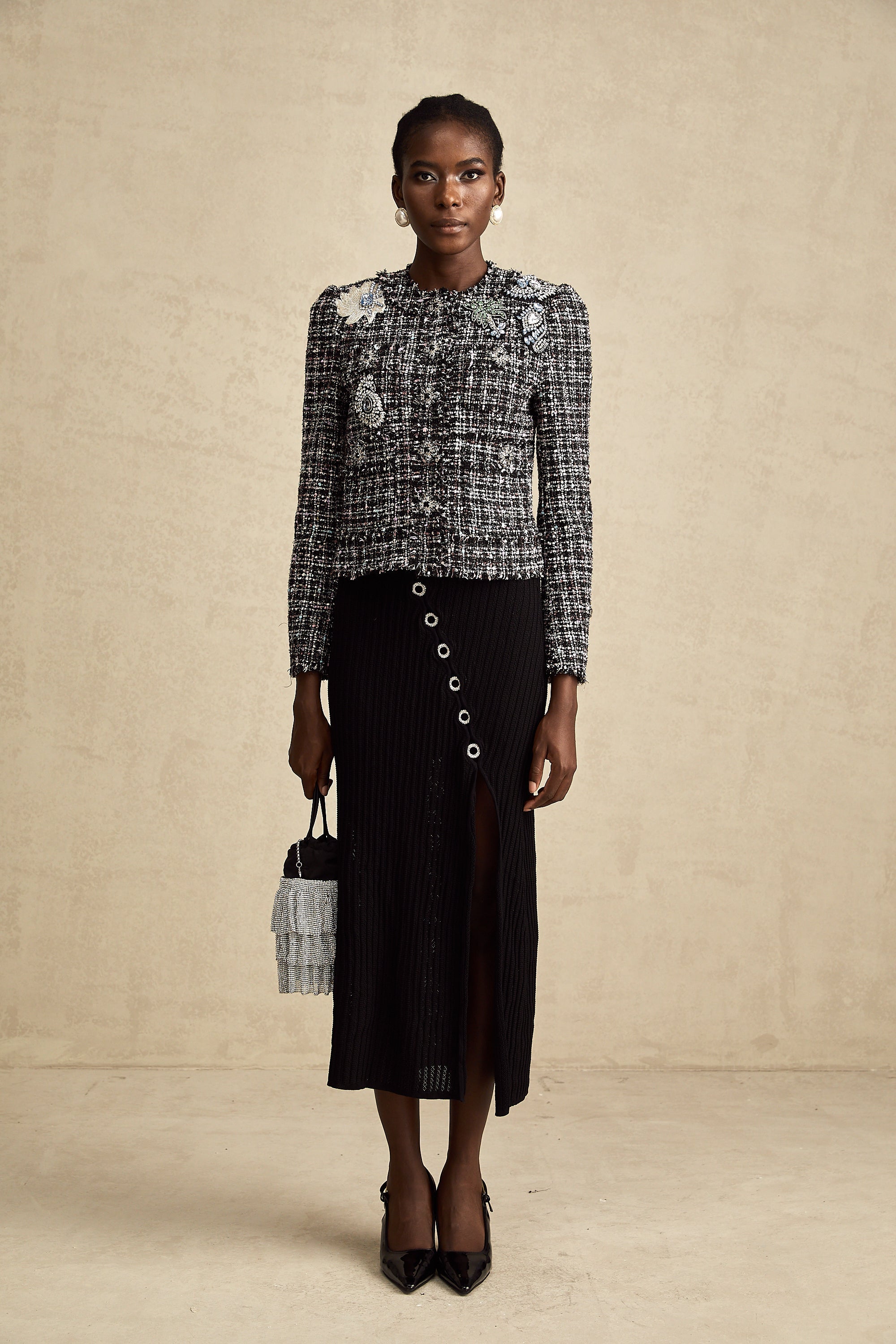 Justine black frayed-edge checked tweed jacket (US Only)