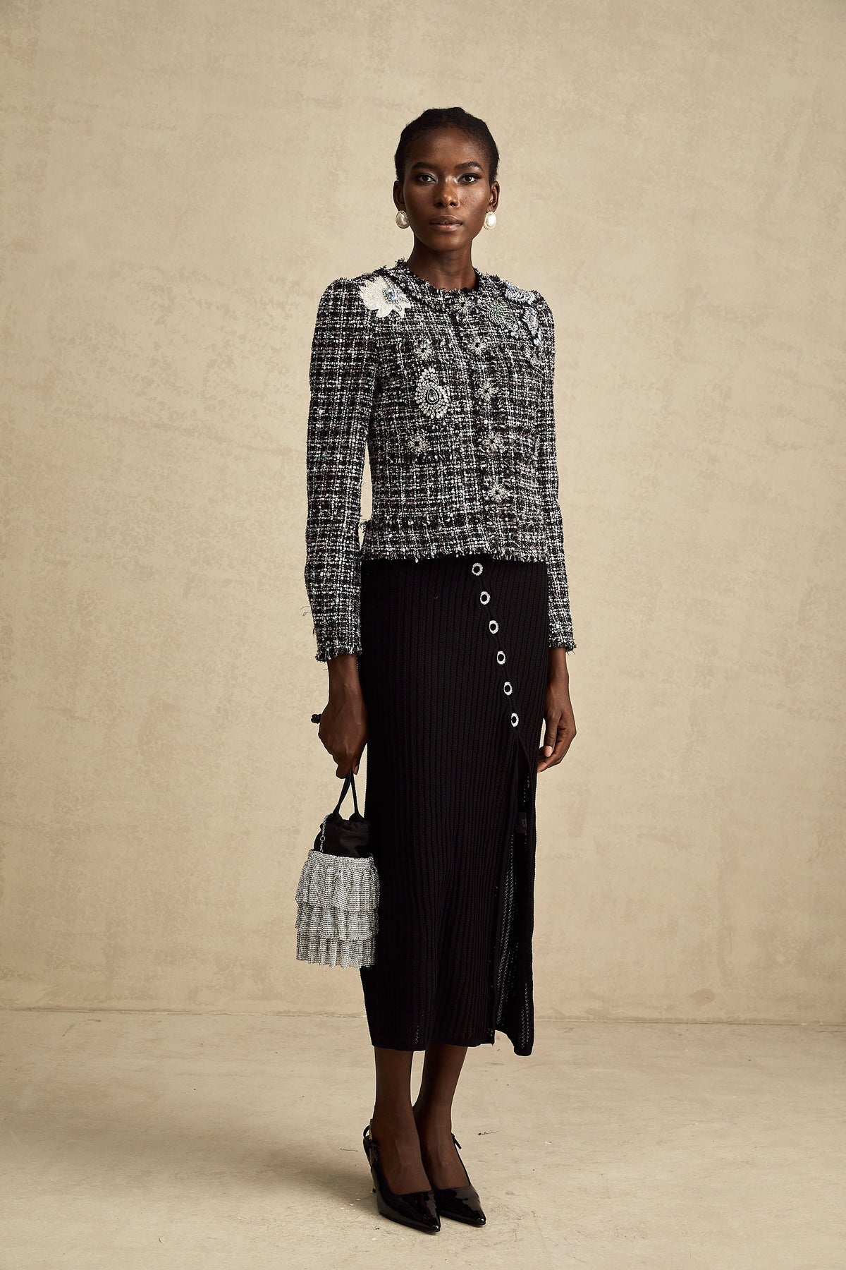 Justine black frayed-edge checked tweed jacket