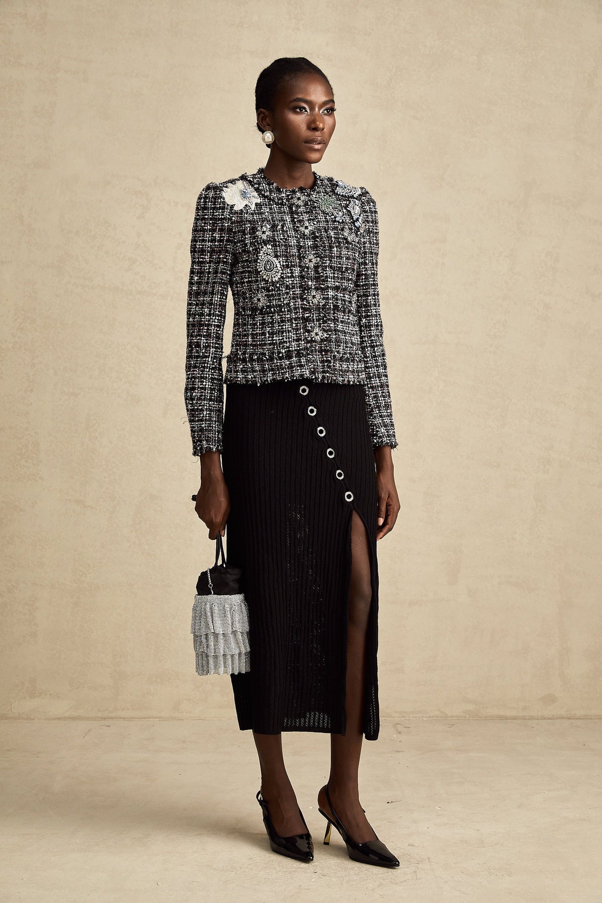 Justine black frayed-edge checked tweed jacket