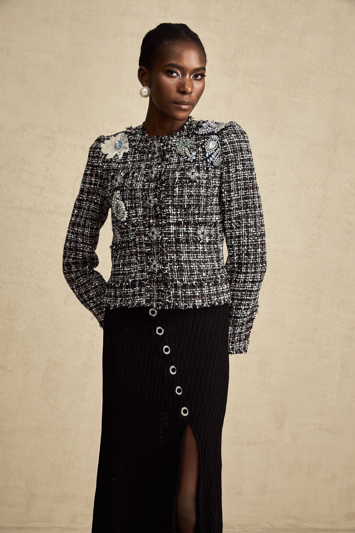 Justine black frayed-edge checked tweed jacket