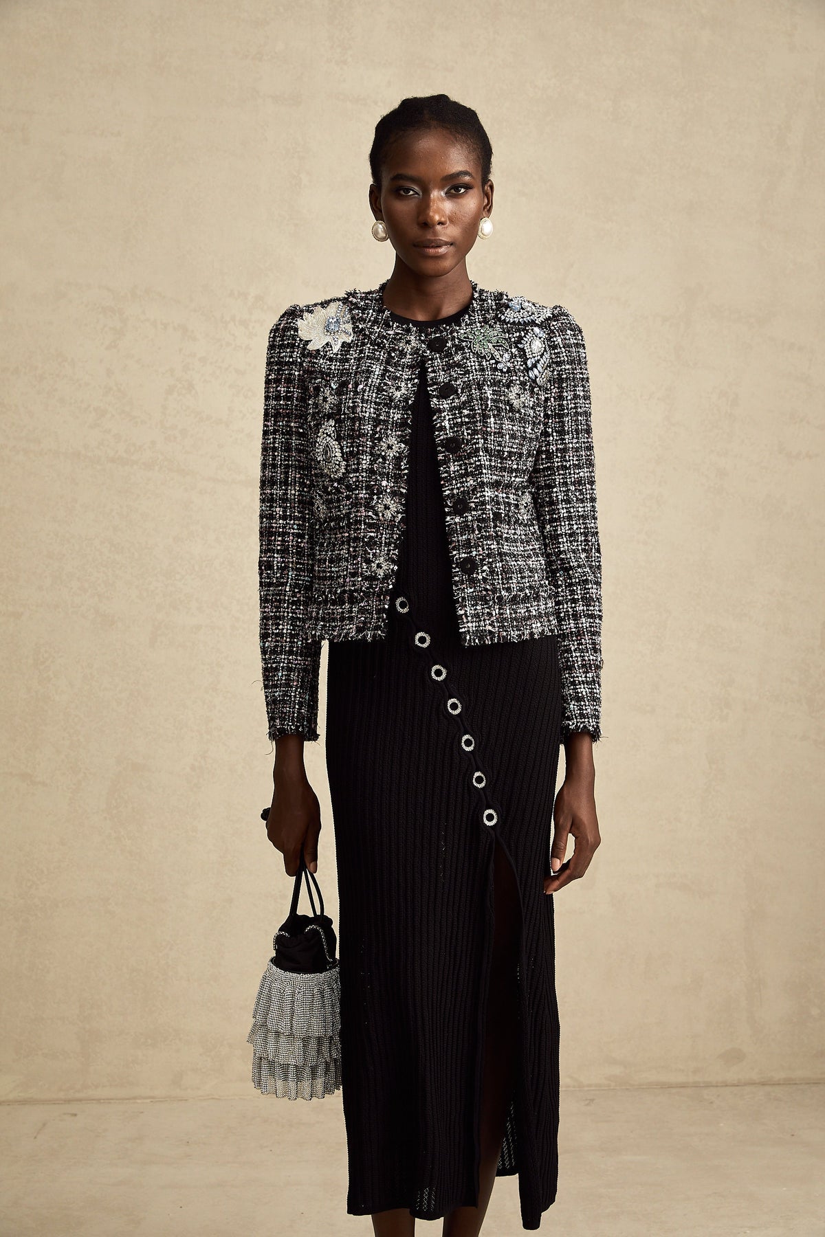 Justine black frayed-edge checked tweed jacket