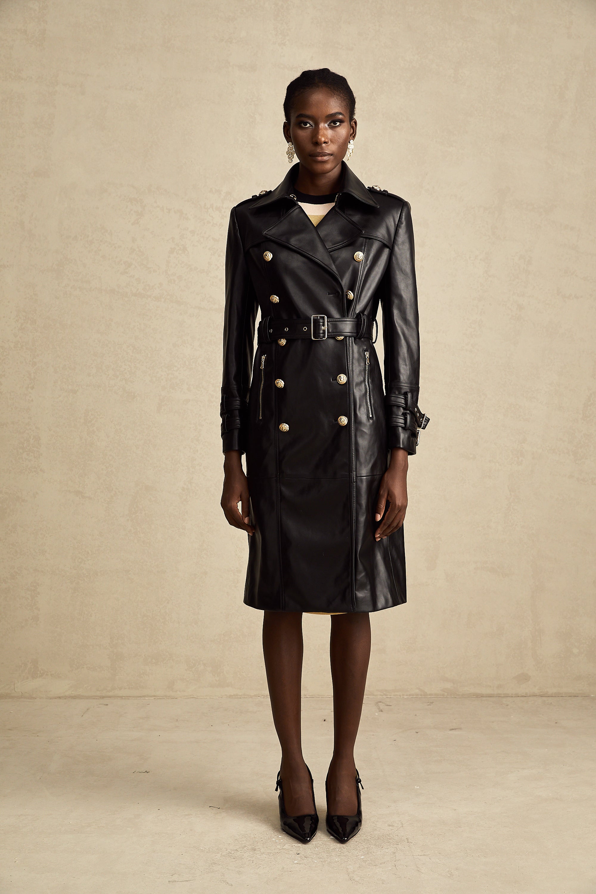 Camille black double-breasted belted leather coat