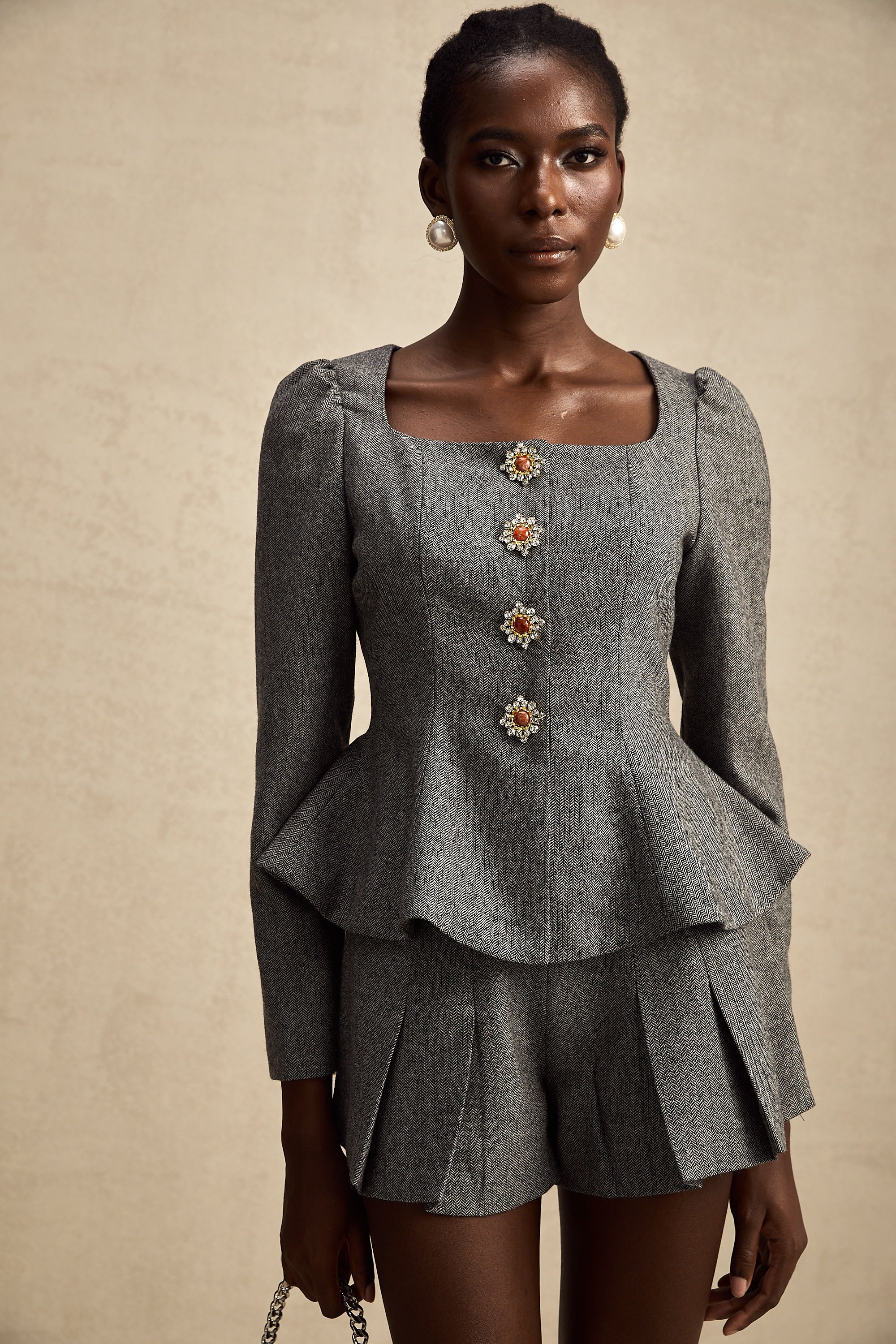 Agathe grey herringbone top & shorts matching set (Final Sale)
