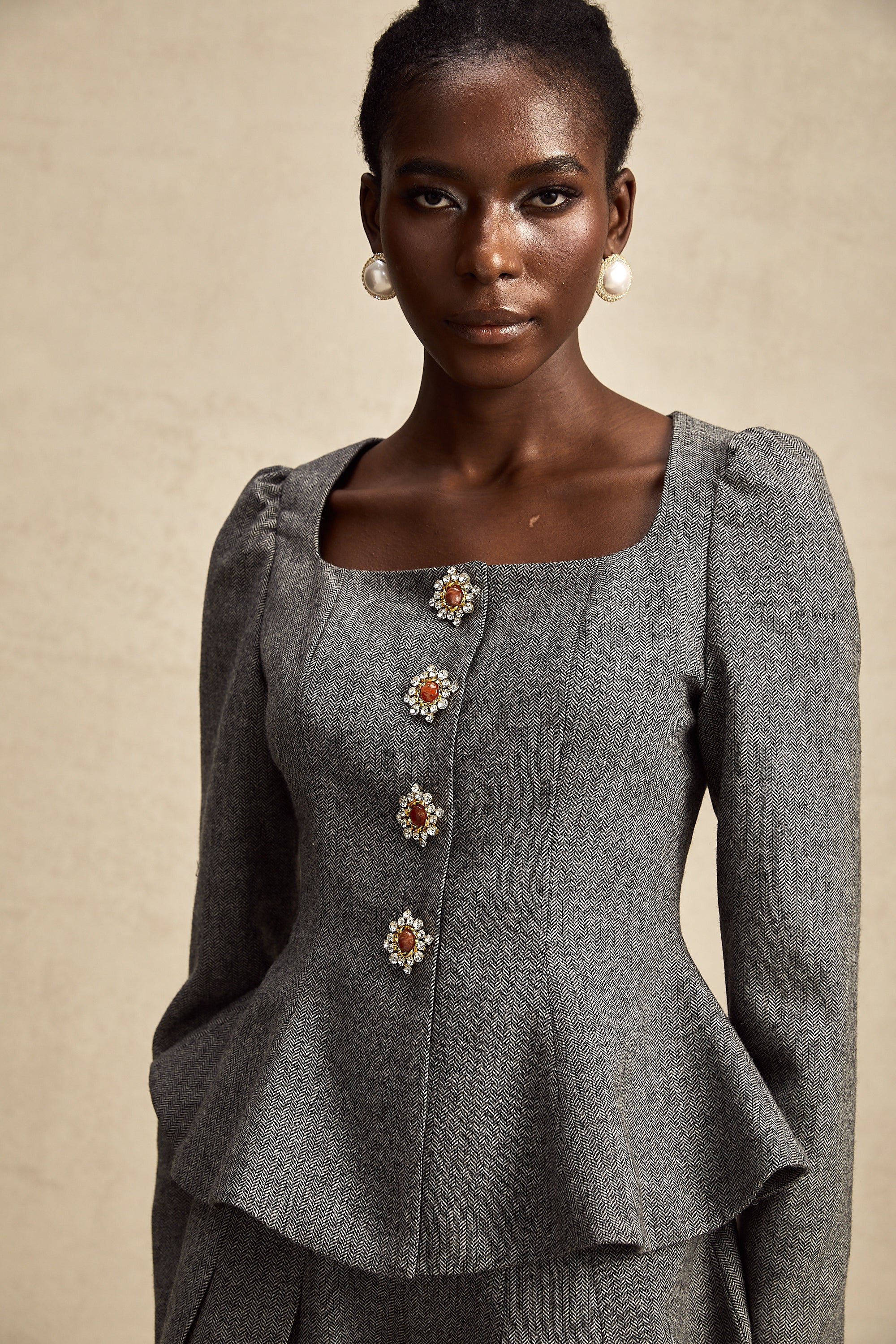 Agathe grey herringbone top & shorts matching set (Final Sale)