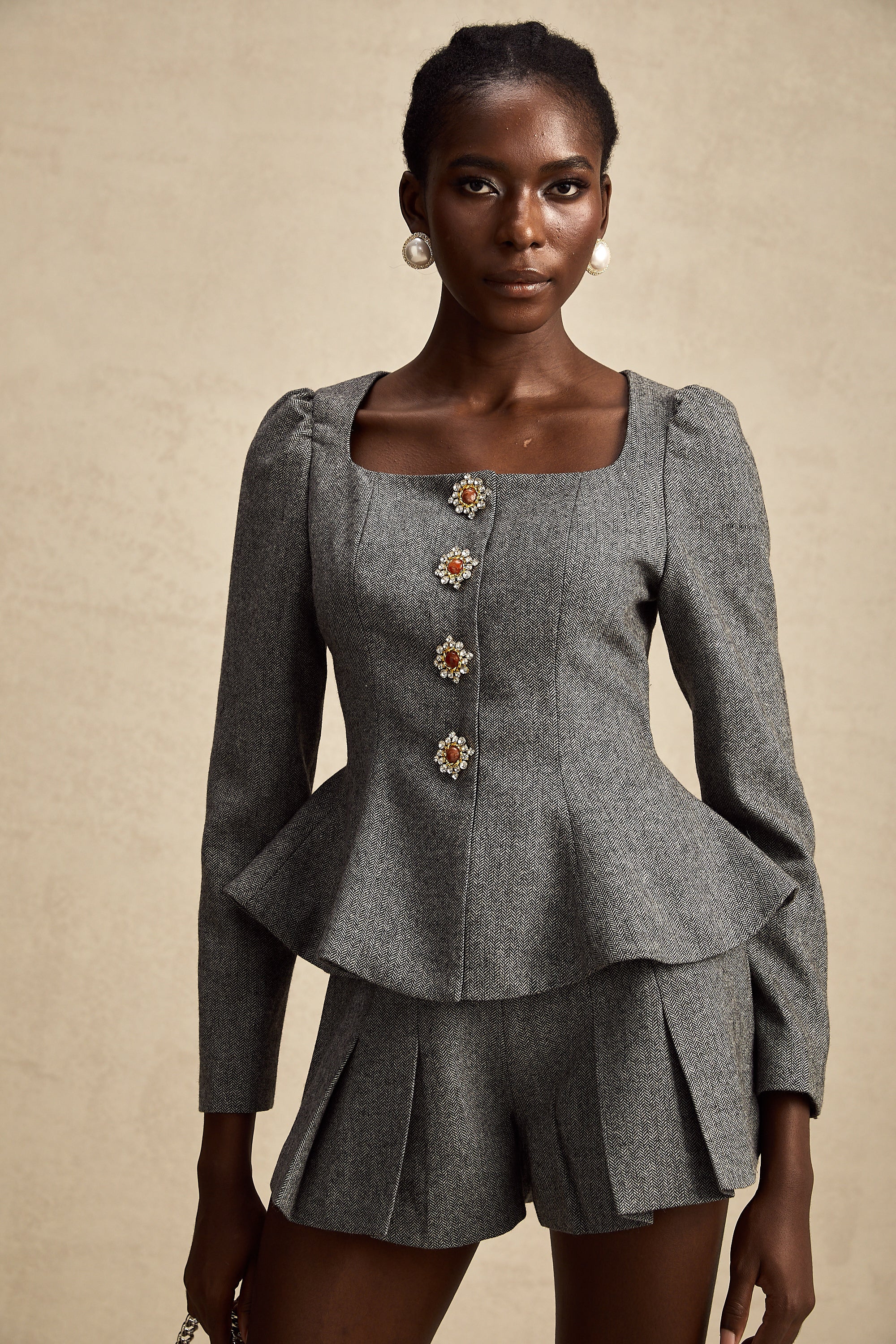 Agathe grey herringbone top & shorts matching set (Final Sale)