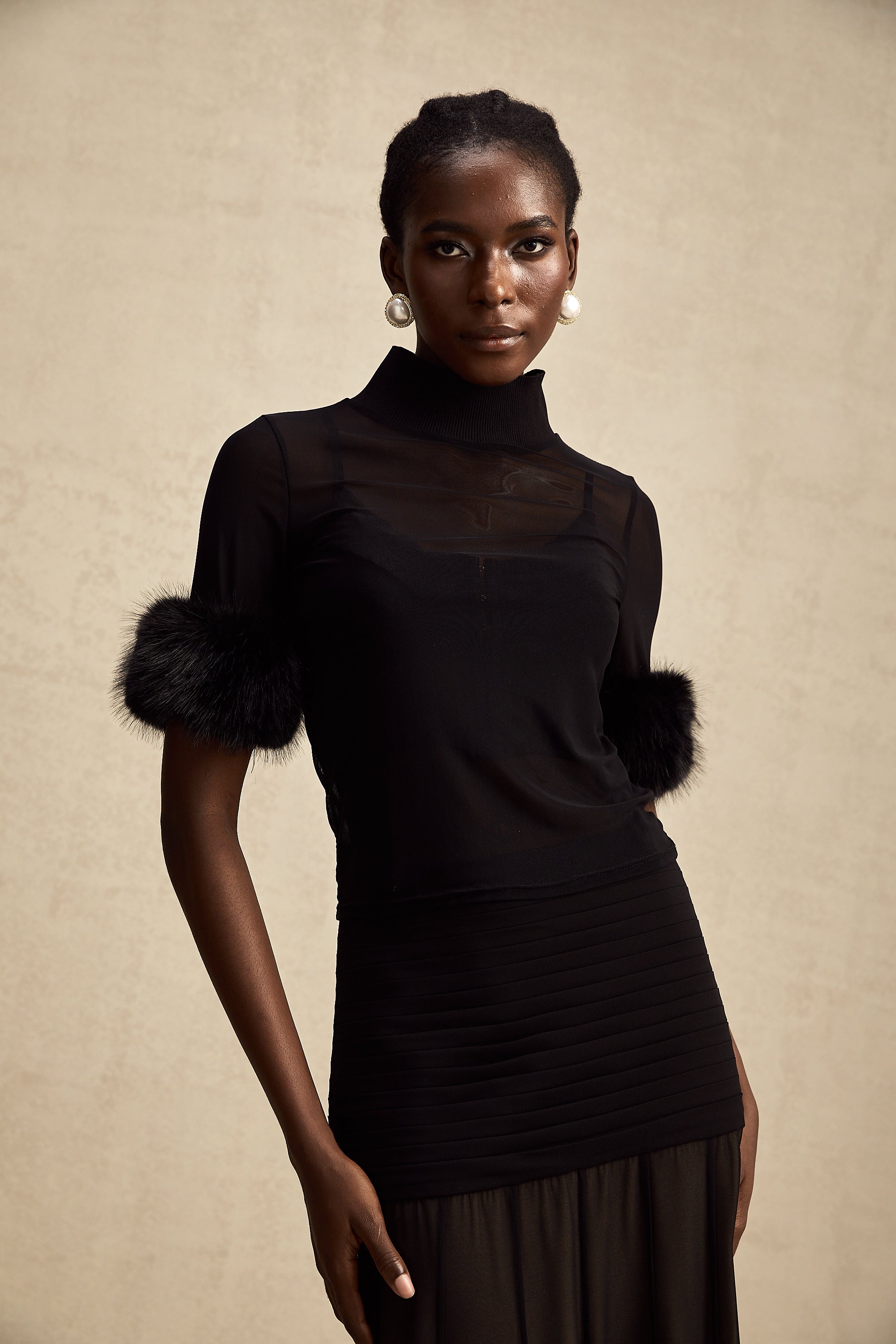 Ségolène black faux-fur tulle top (Final Sale)