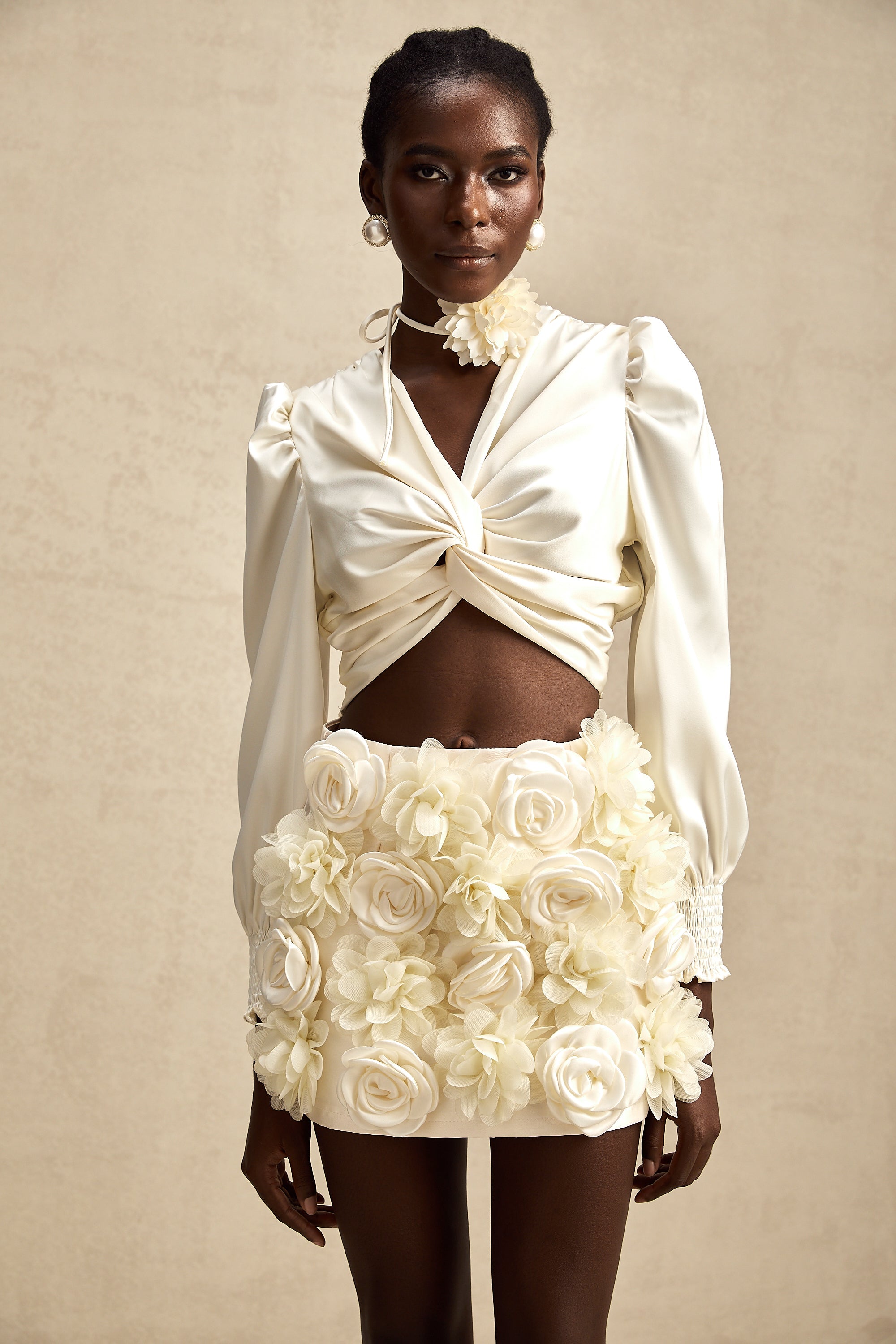 Nouria white faux-flower twist cropped top (Final Sale-US Only)