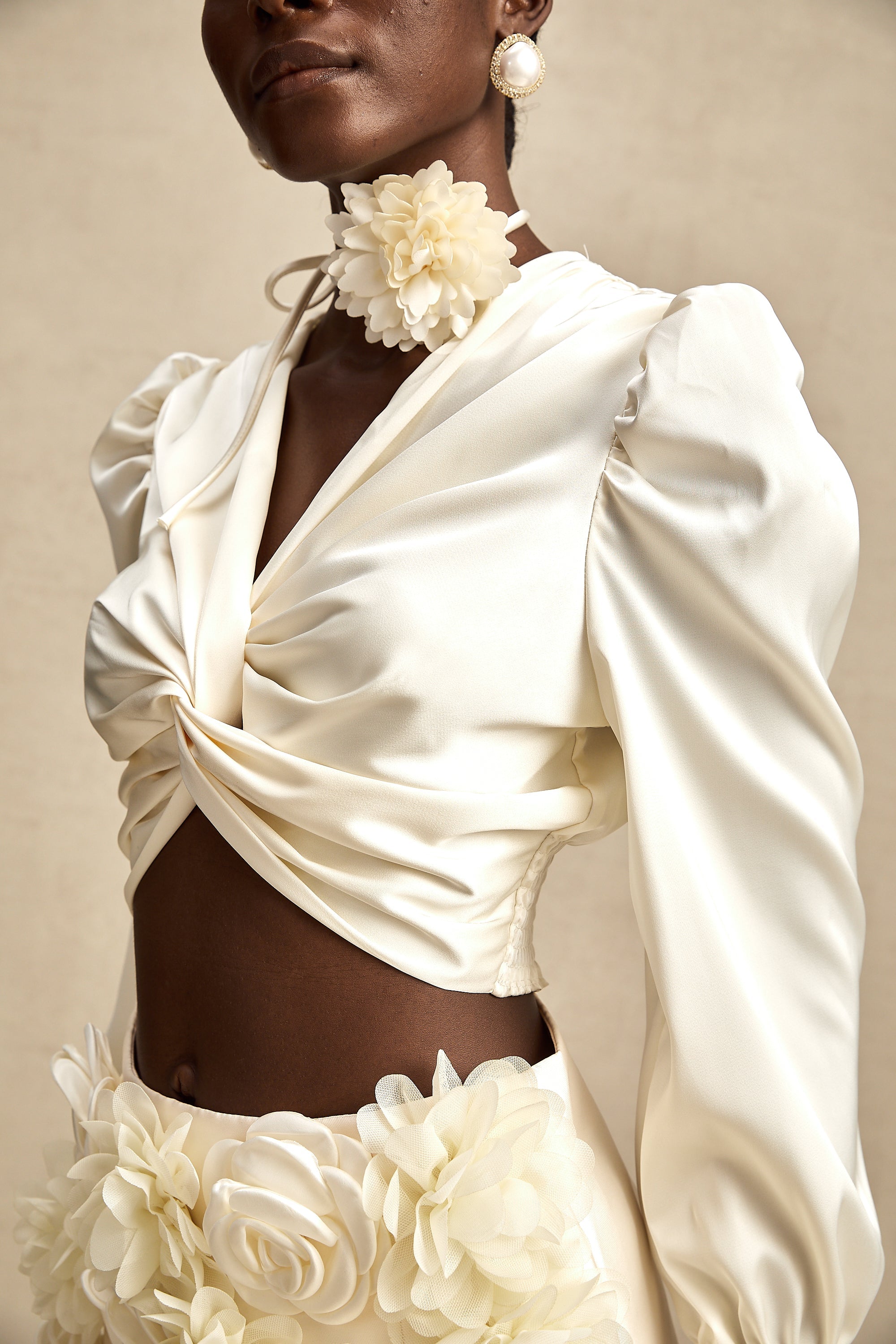 Nouria white faux-flower twist cropped top (Final Sale-US Only)