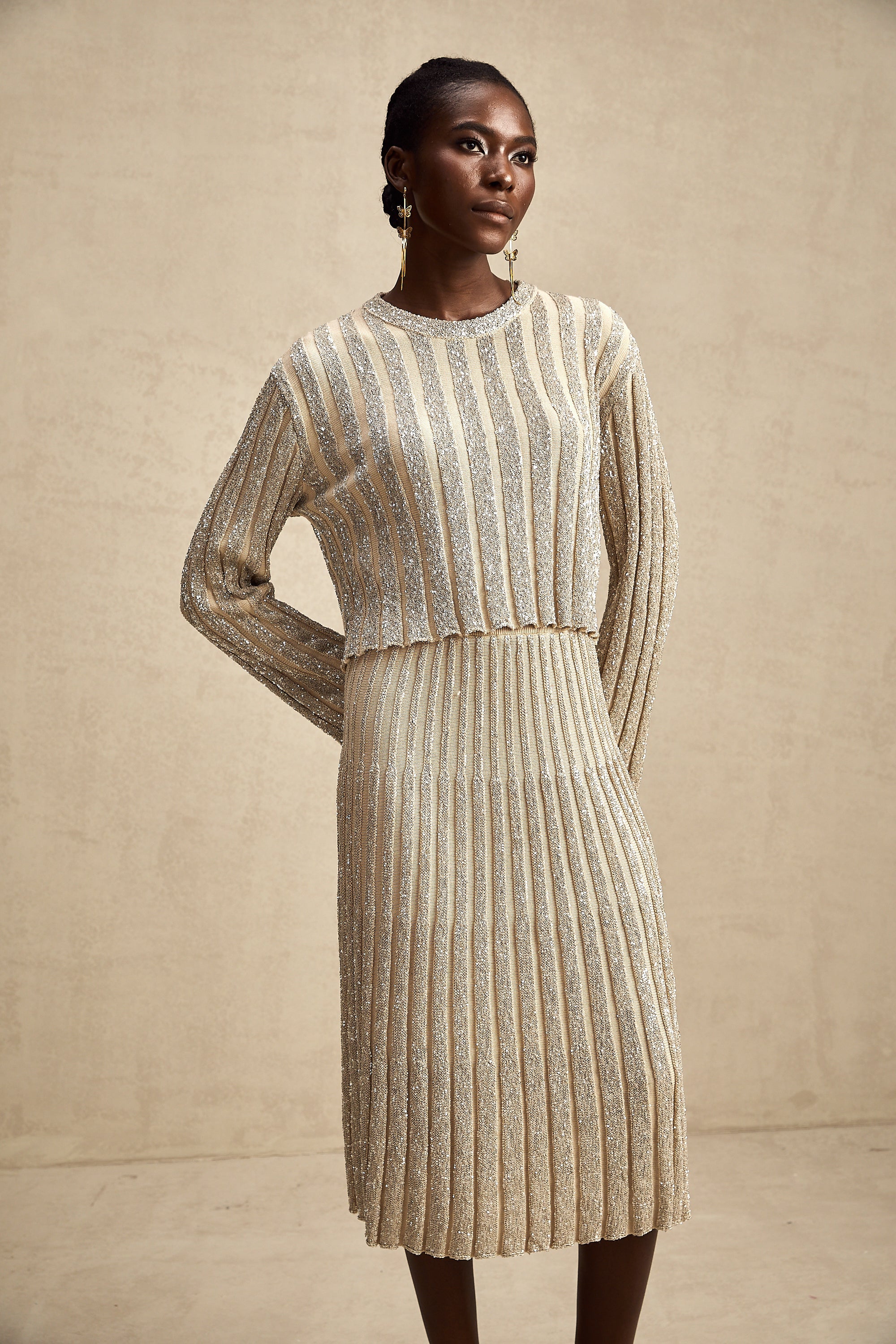 Aurore champagne stripe knit top & skirt matching set (US Only)