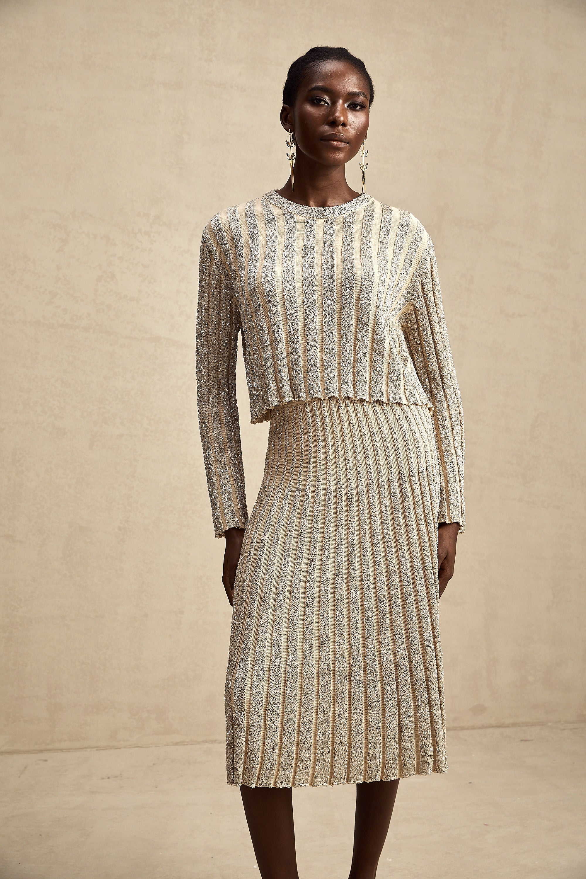 Aurore champagne stripe knit top & skirt matching set (US Only)