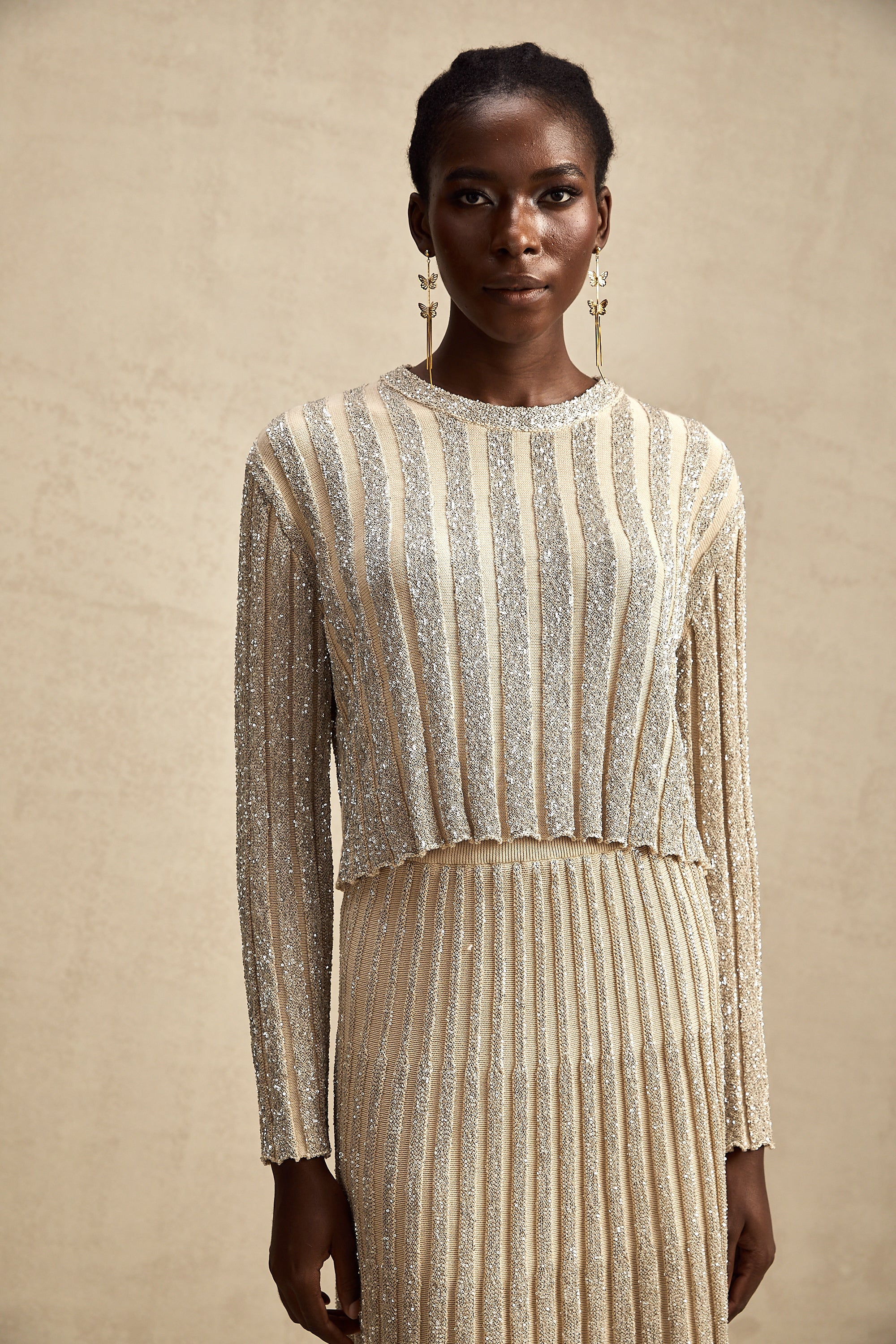 Aurore champagne stripe knit top & skirt matching set (US Only)