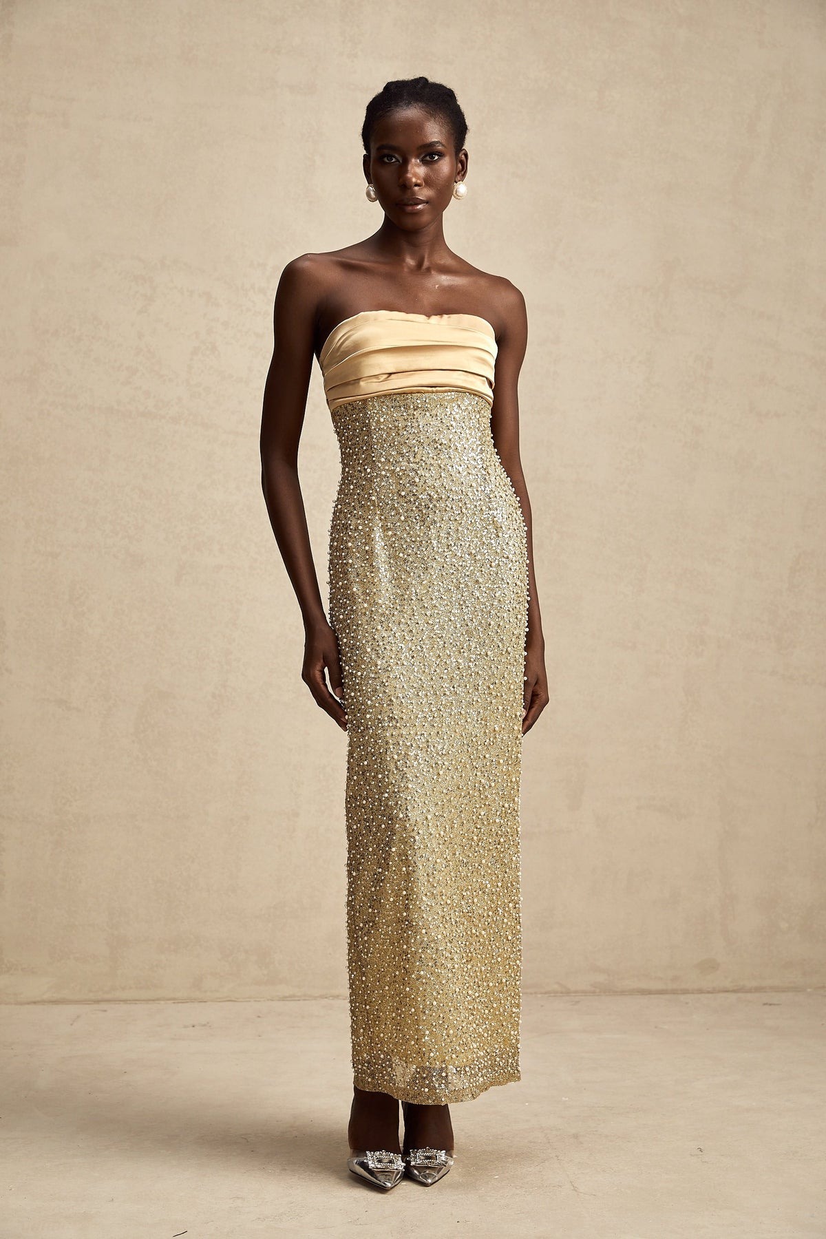 Marguerite gold faux-pearl embellished maxi dress