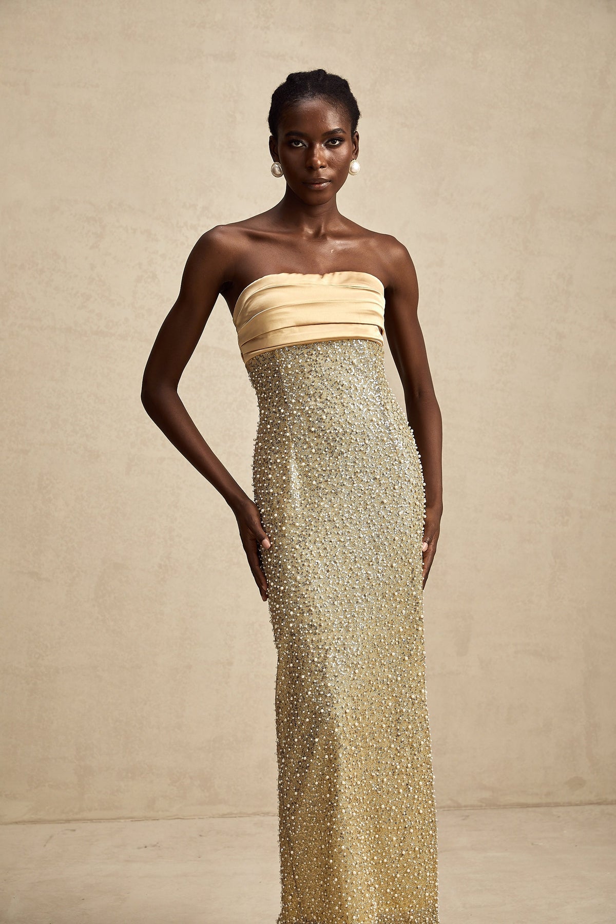 Marguerite gold faux-pearl embellished maxi dress