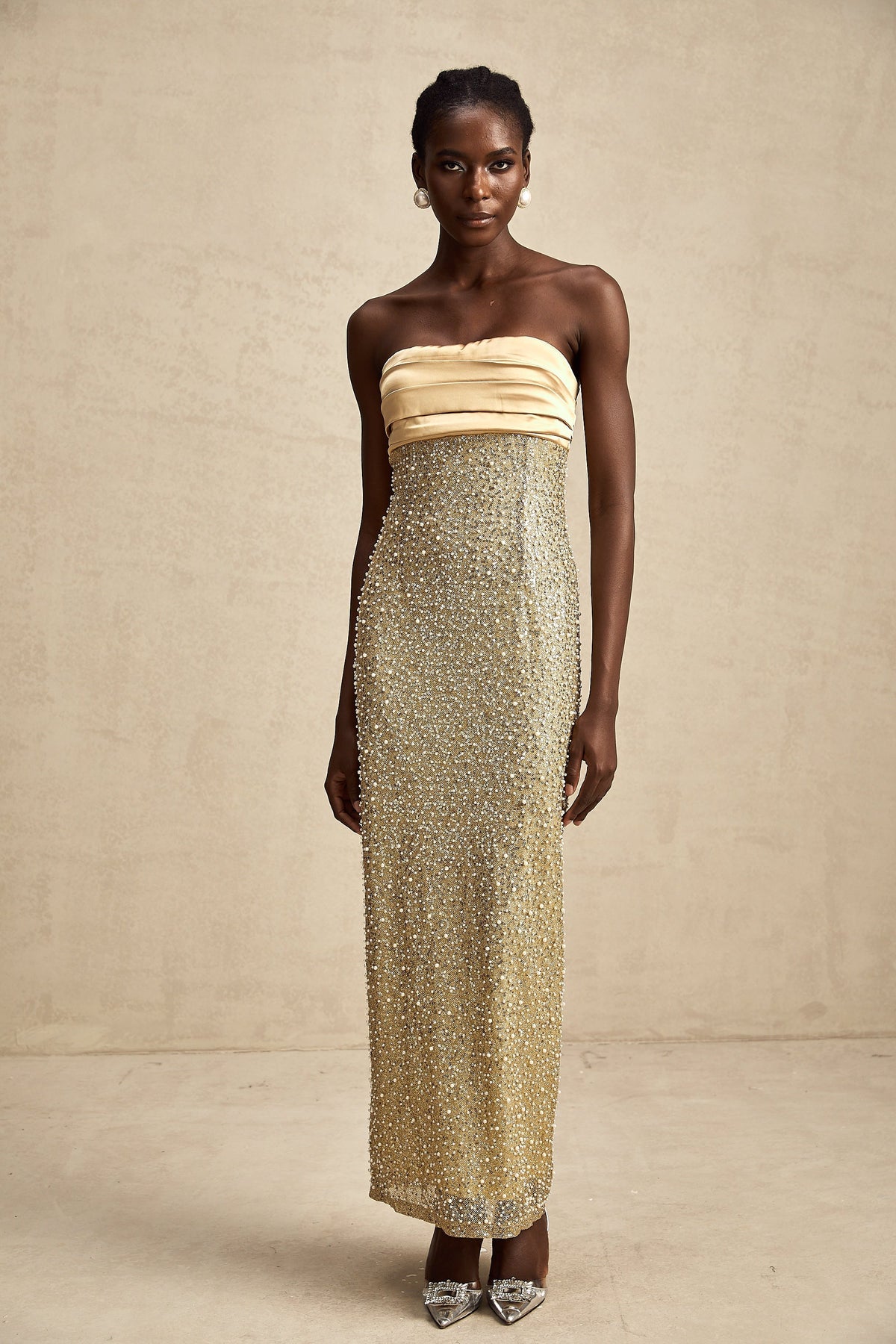 Marguerite gold faux-pearl embellished maxi dress