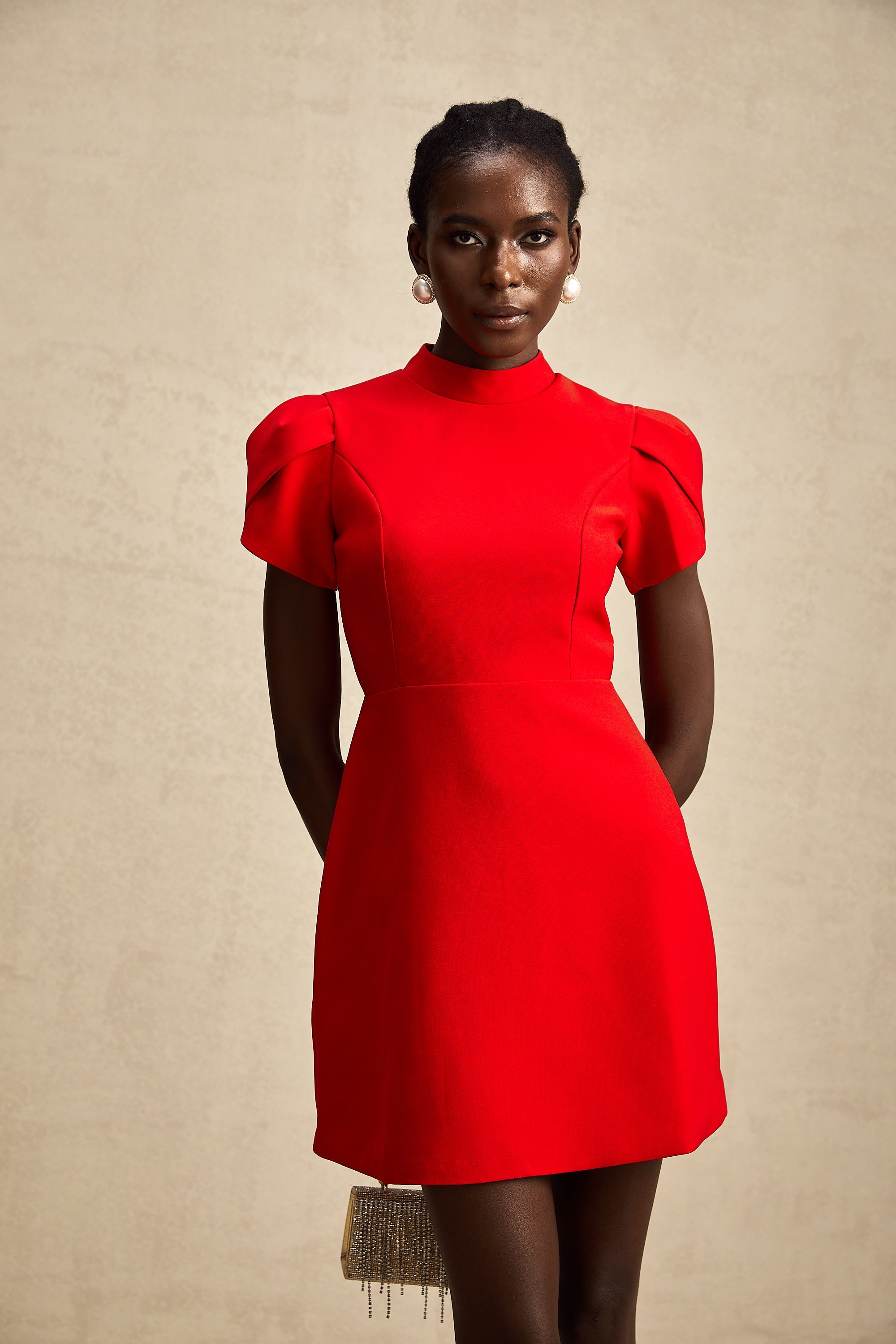 Anna red petal-sleeve cut-out bow mini dress (US Only)