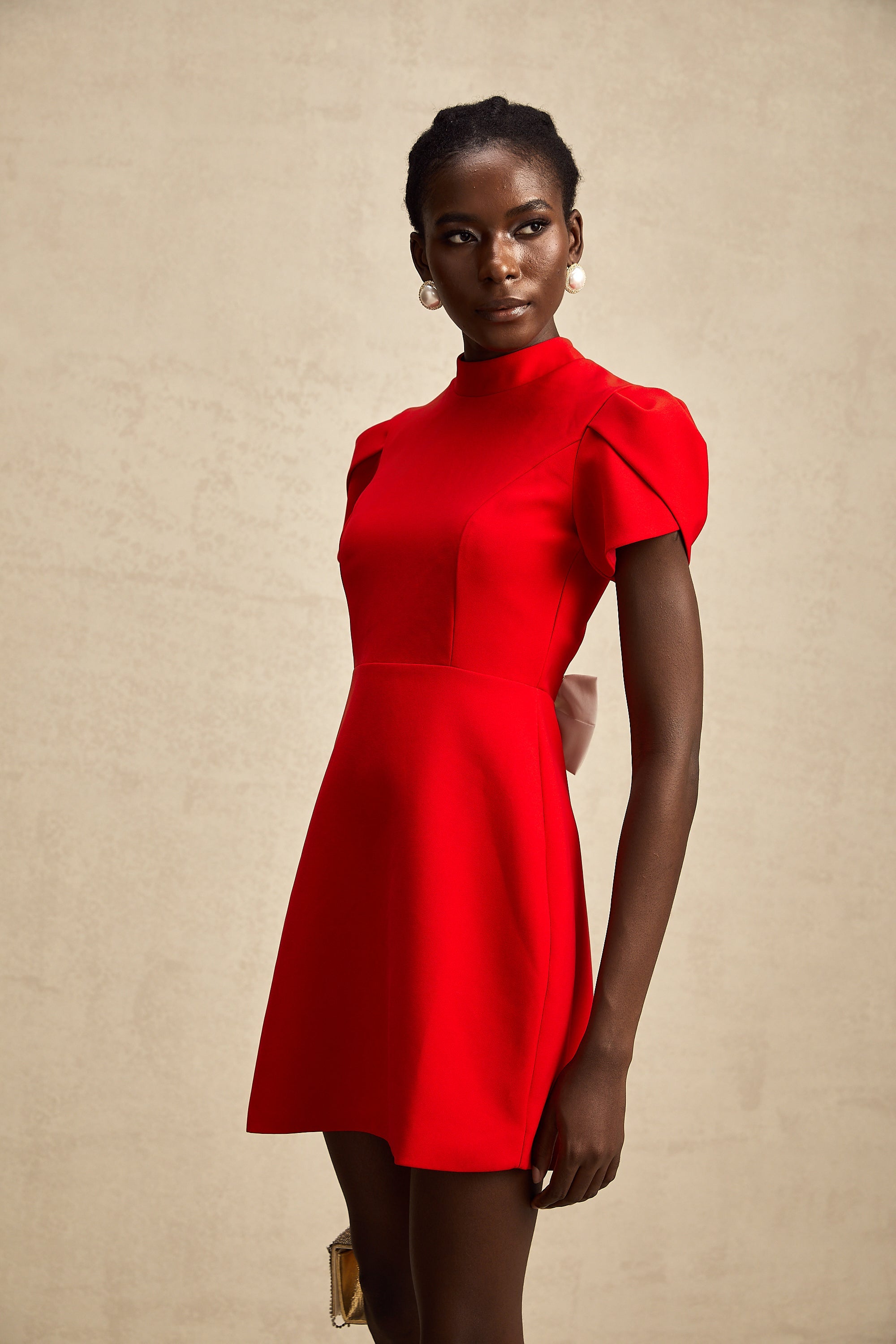 Anna red petal-sleeve cut-out bow mini dress (US Only)