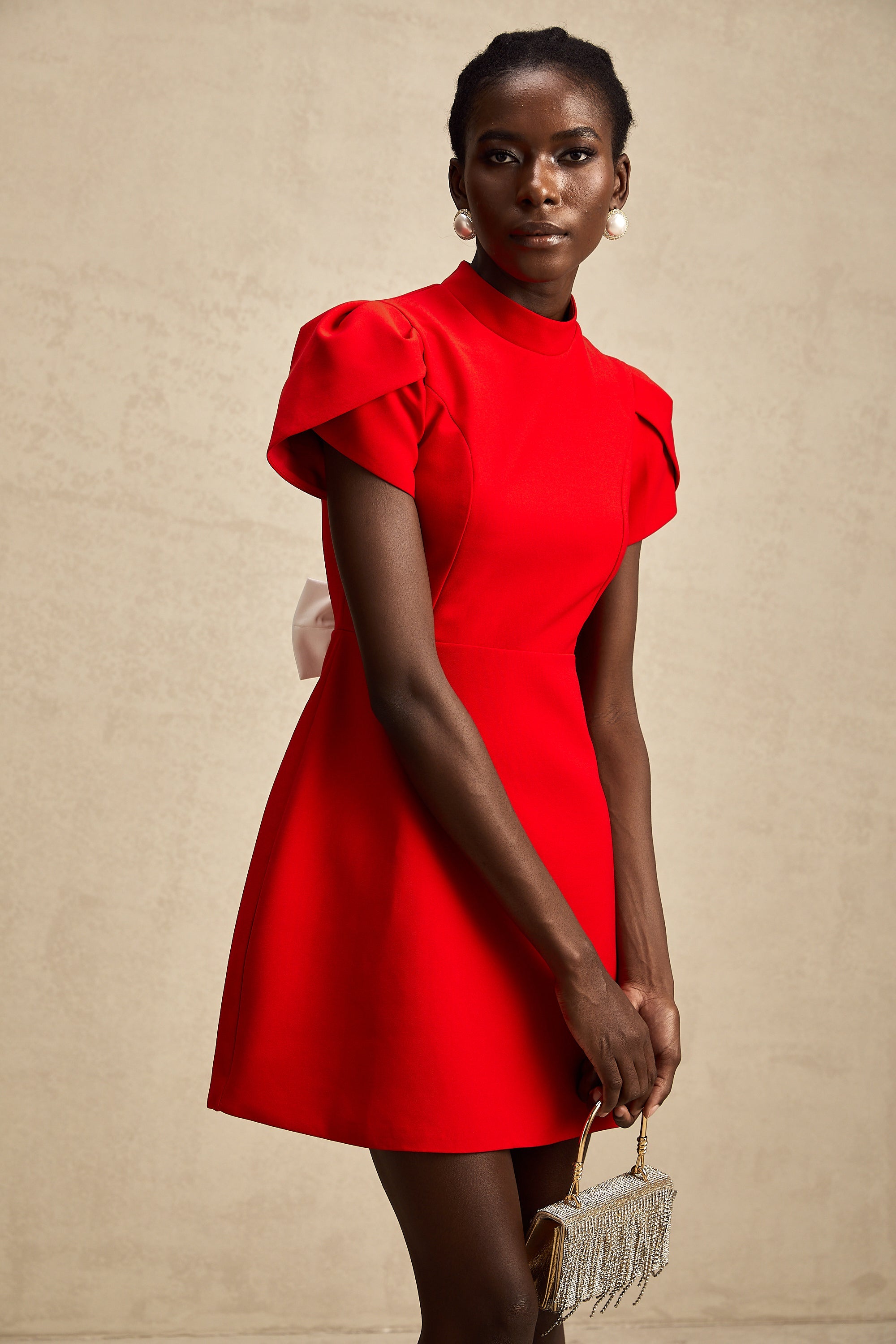 Anna red petal-sleeve cut-out bow mini dress (US Only)