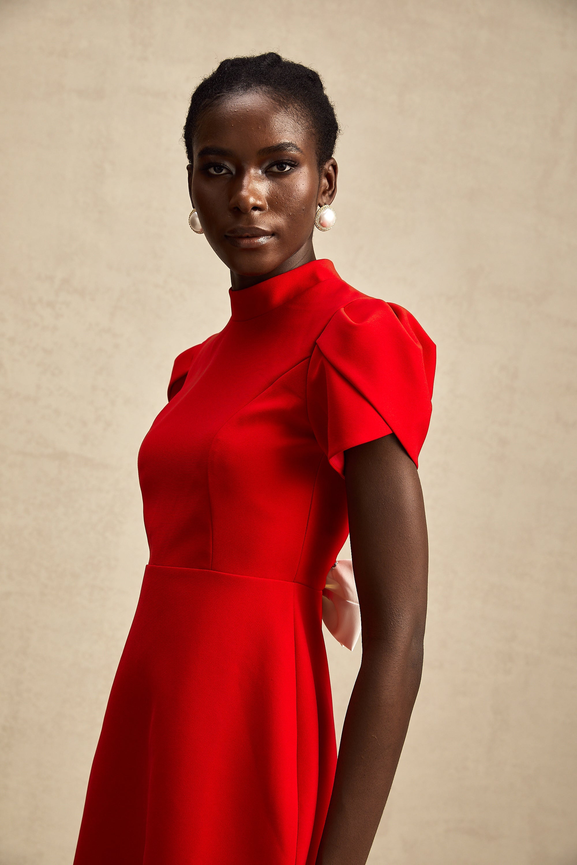 Anna red petal-sleeve cut-out bow mini dress (US Only)