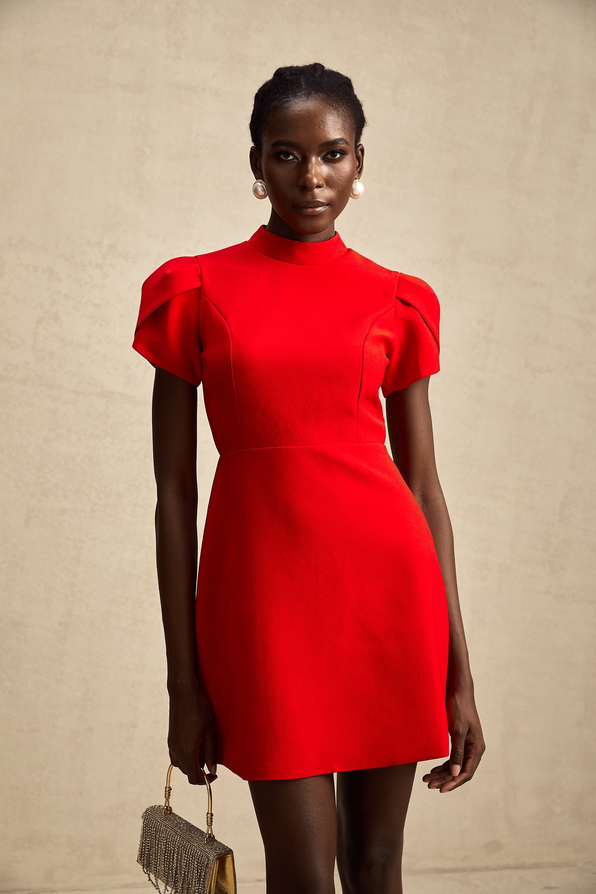 Anna red petal-sleeve cut-out bow mini dress (US Only)