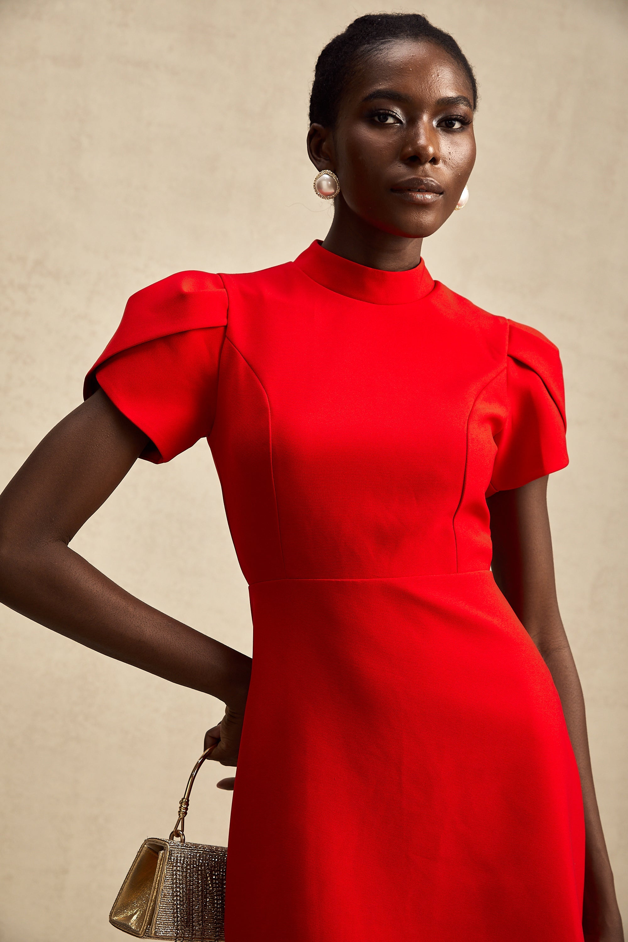 Anna red petal-sleeve cut-out bow mini dress (US Only)