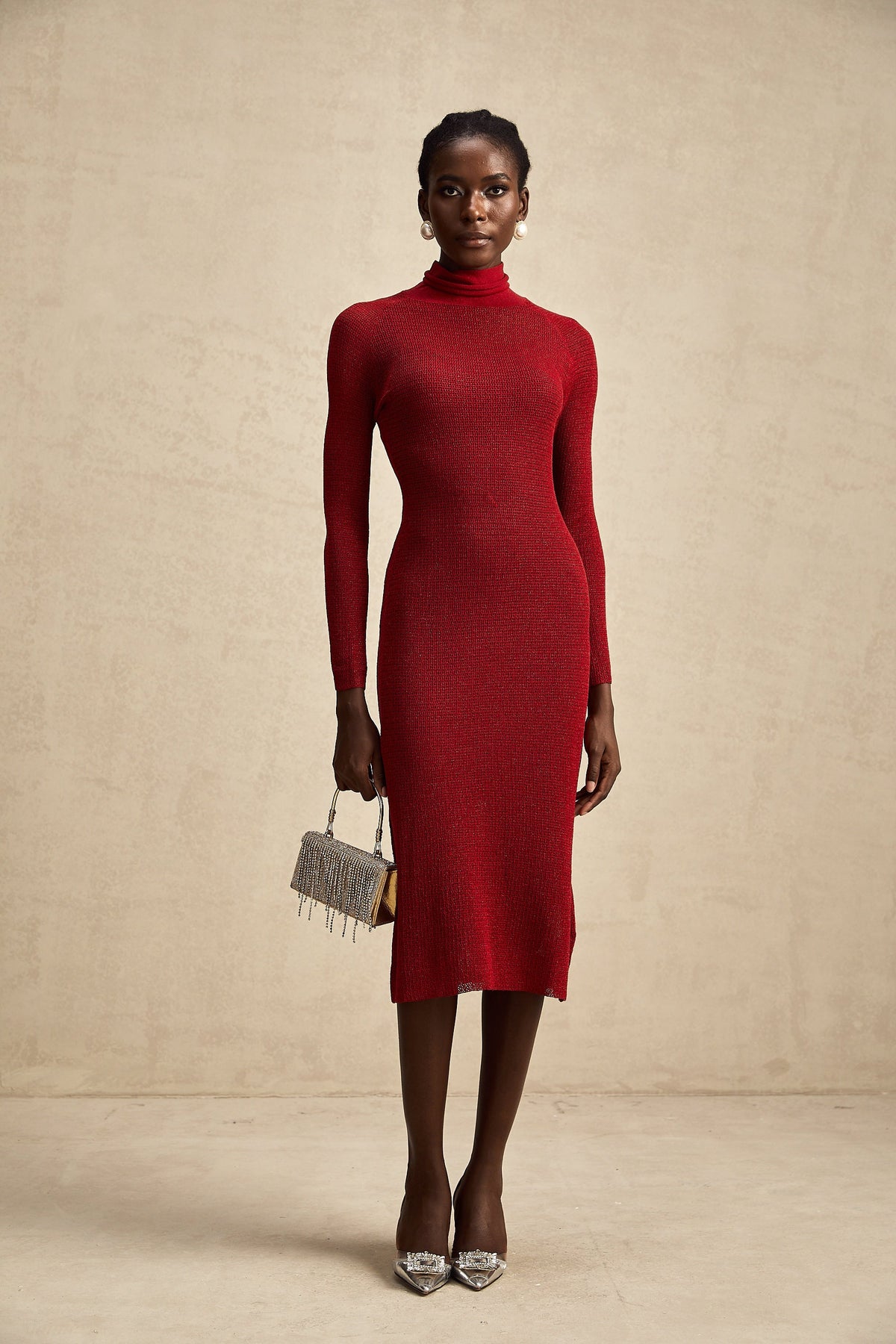 Arianee red metallic pointelle midi dress