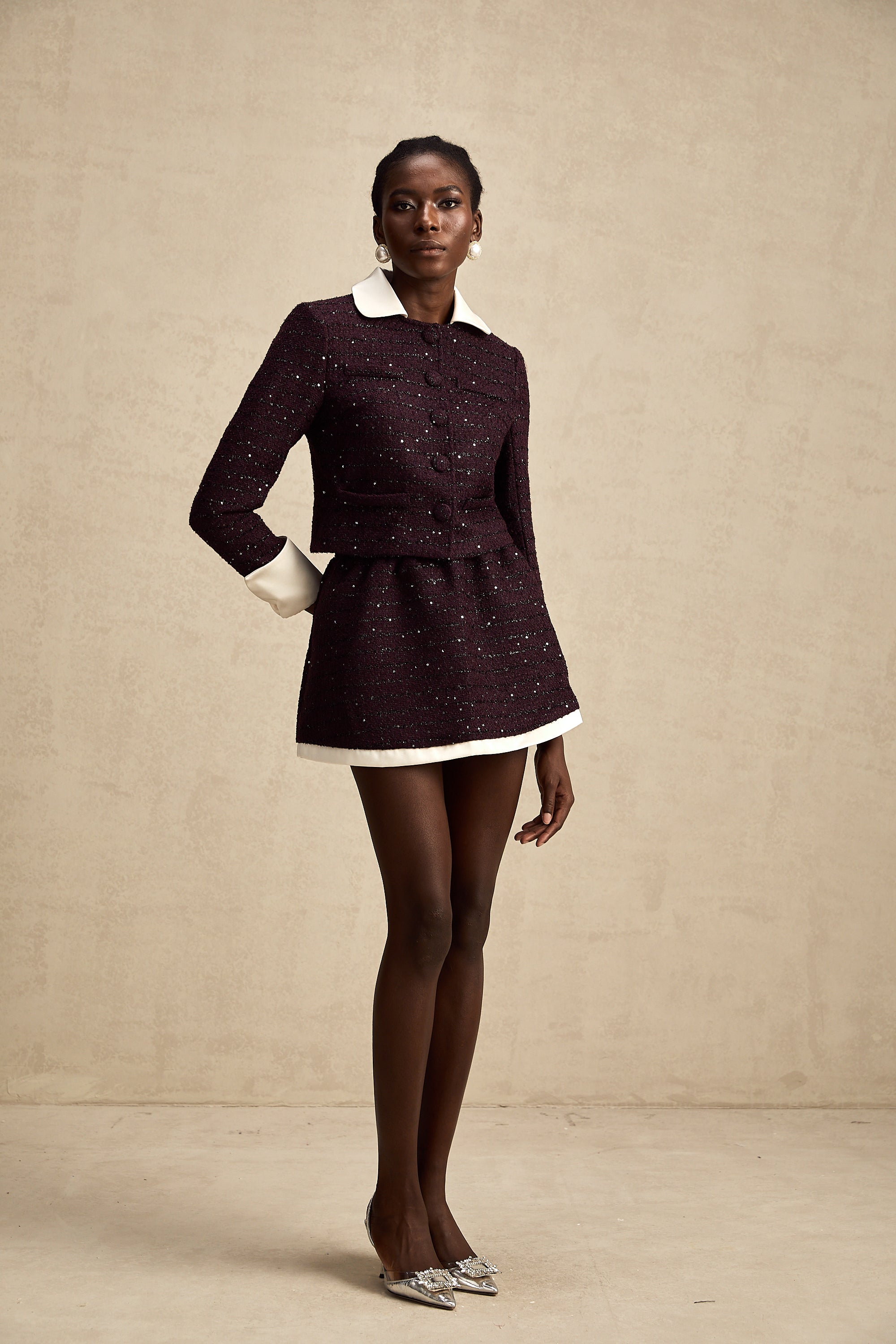 Brigitte purple sequined tweed jacket & skirt matching set (Final Sale)