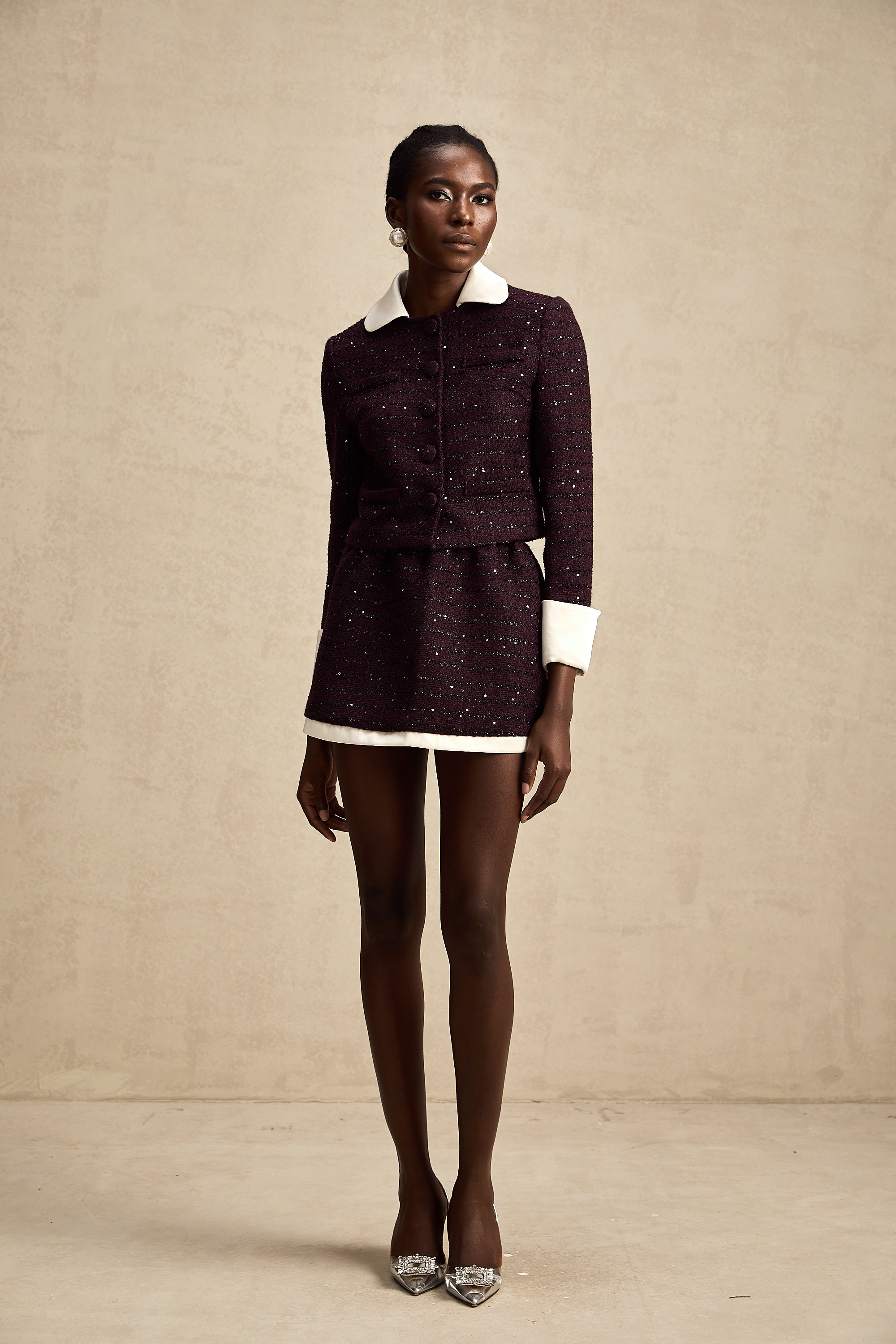 Brigitte purple sequined tweed jacket & skirt matching set (Final Sale)