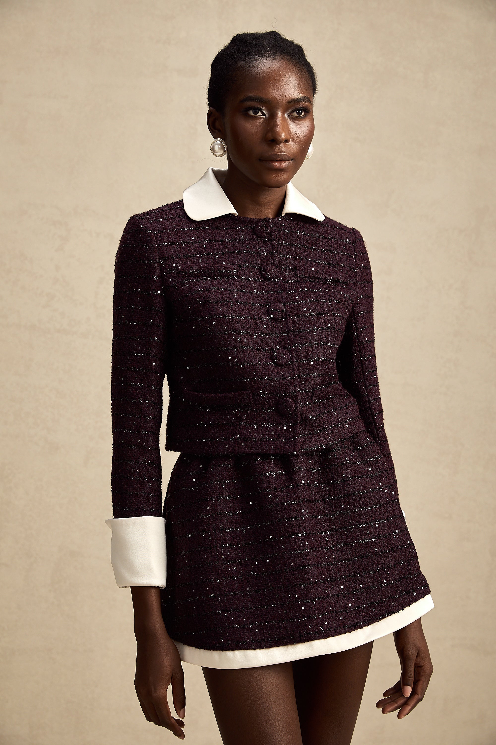 Brigitte purple sequined tweed jacket & skirt matching set (US Only)