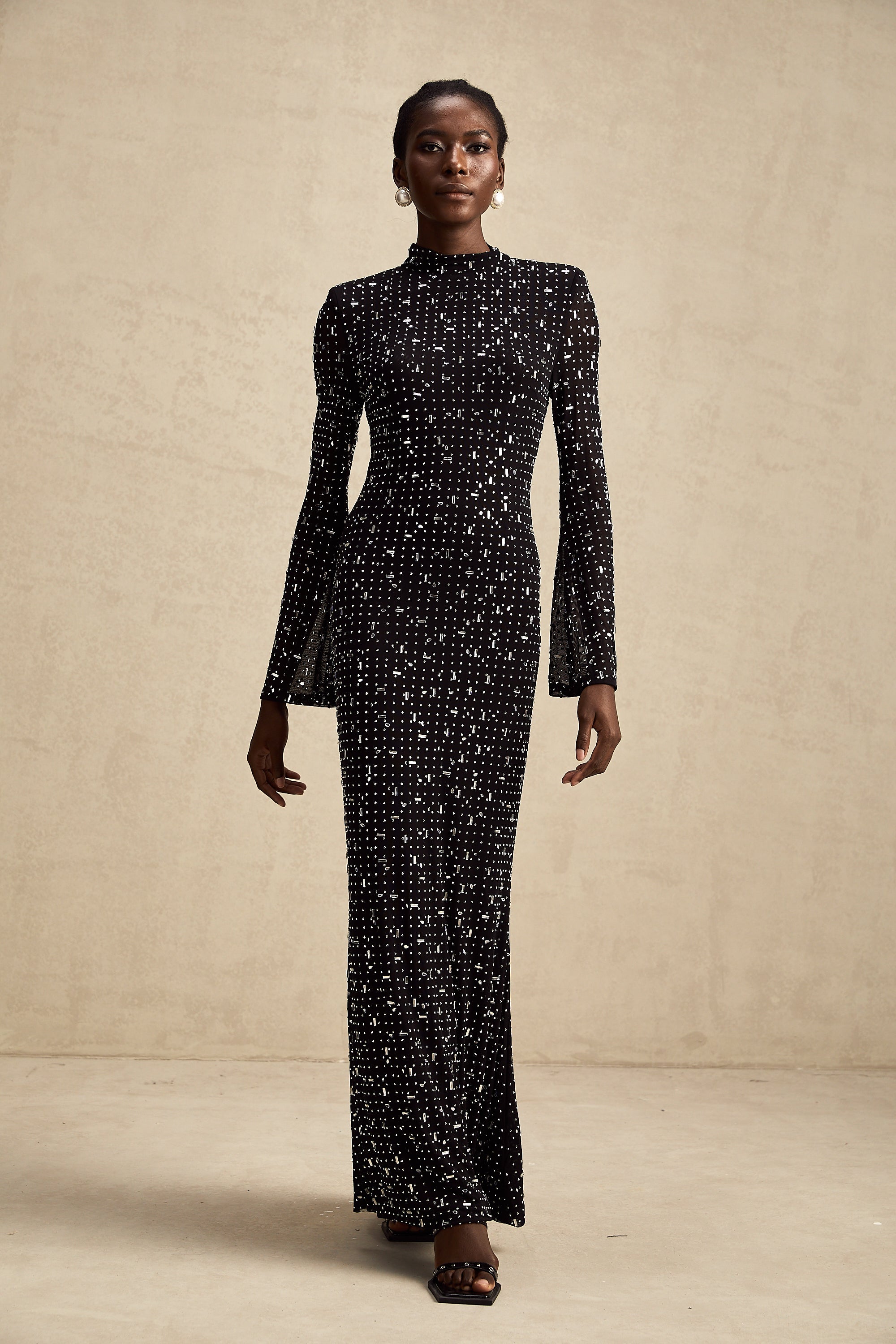 Léna black embellished semi-sheer maxi dress (Final Sale)