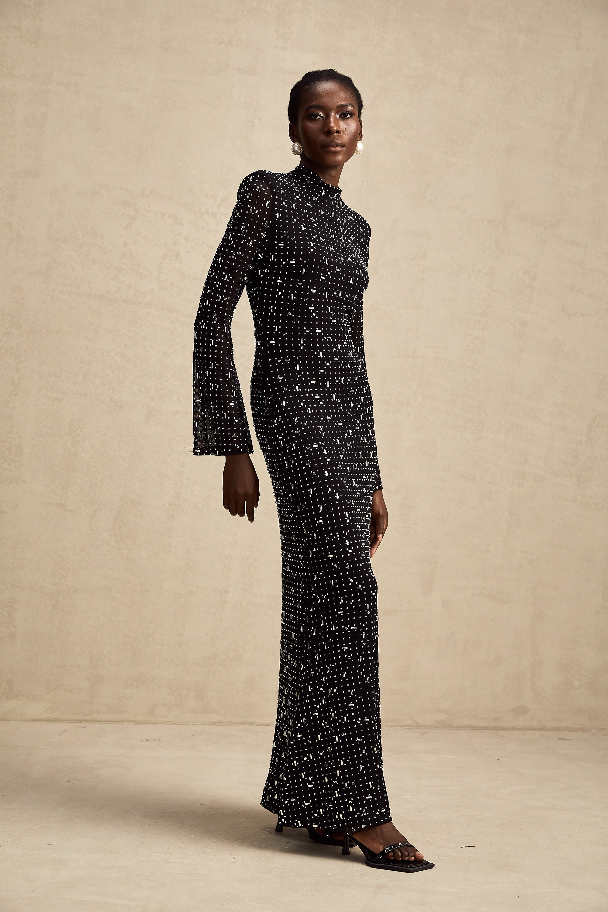 Léna black embellished semi-sheer maxi dress (Final Sale)