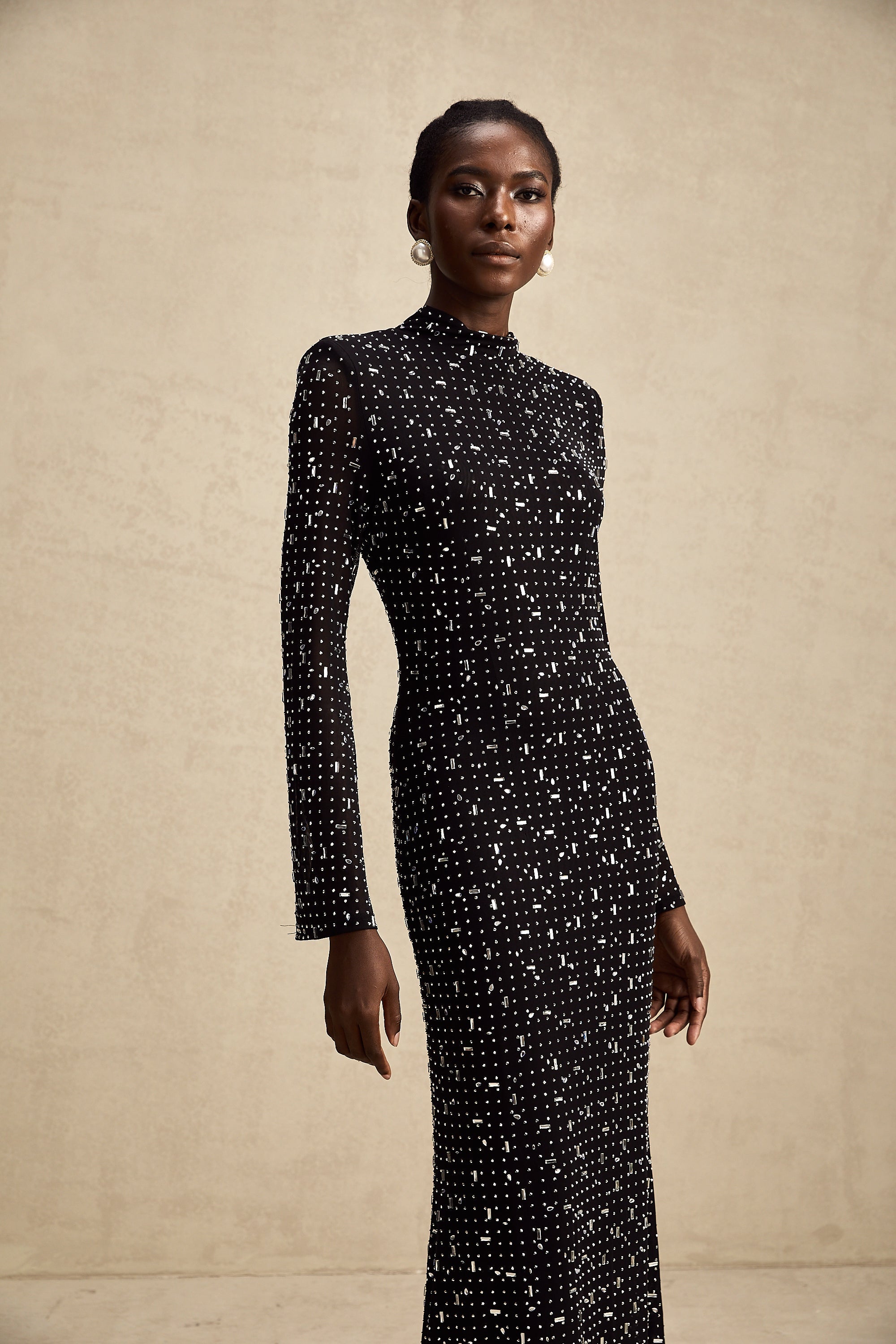 Léna black embellished semi-sheer maxi dress