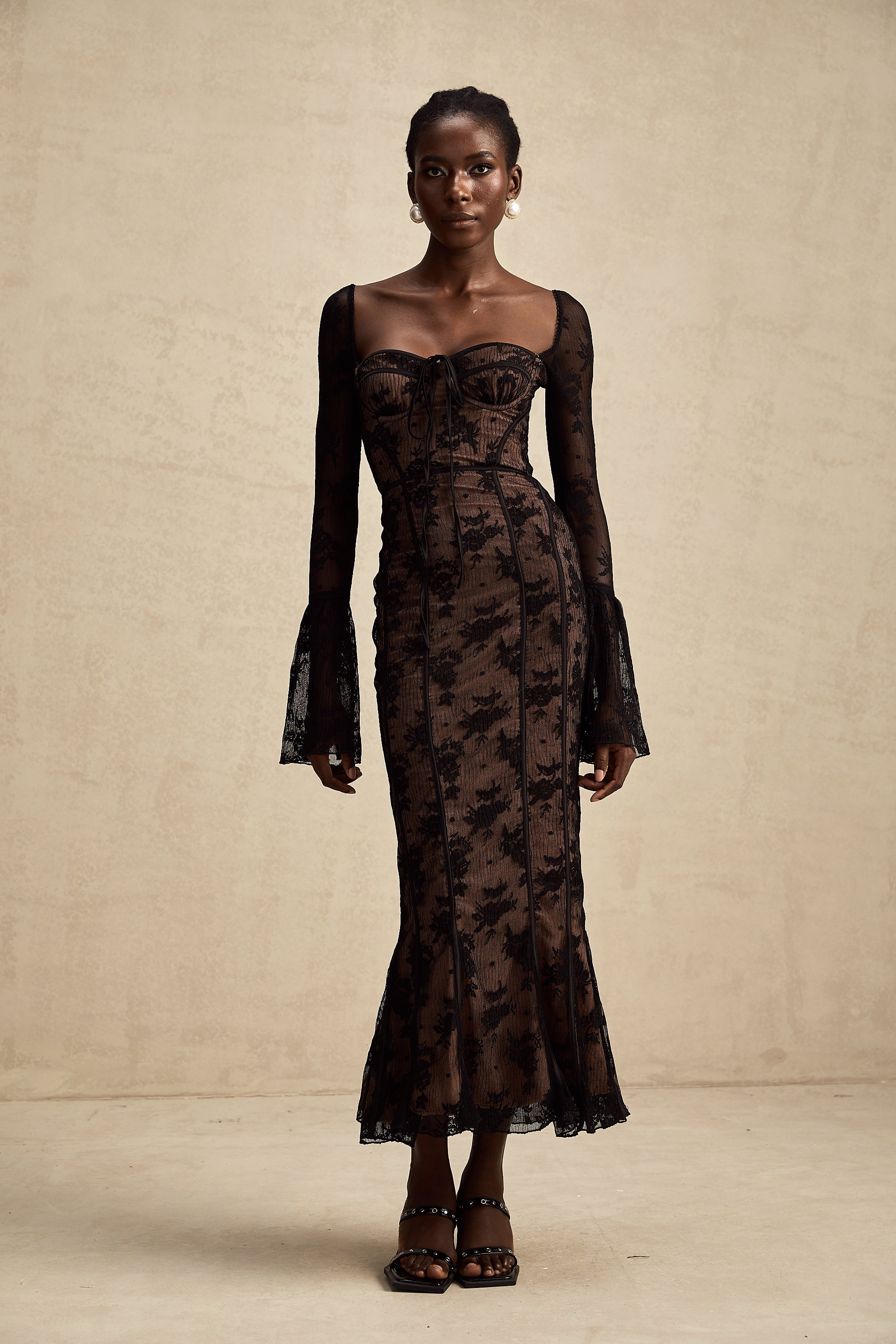 Marlene Black Flared Lace Maxi Dress (Final Sale-US Only)