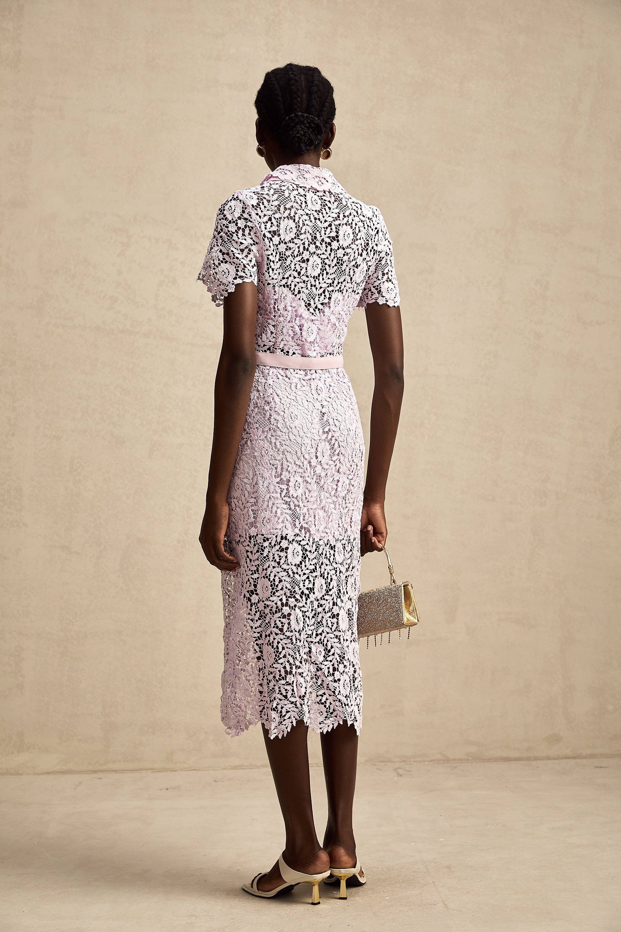 Olivia purple floral-embroidered lace belted midi dress (US Only)