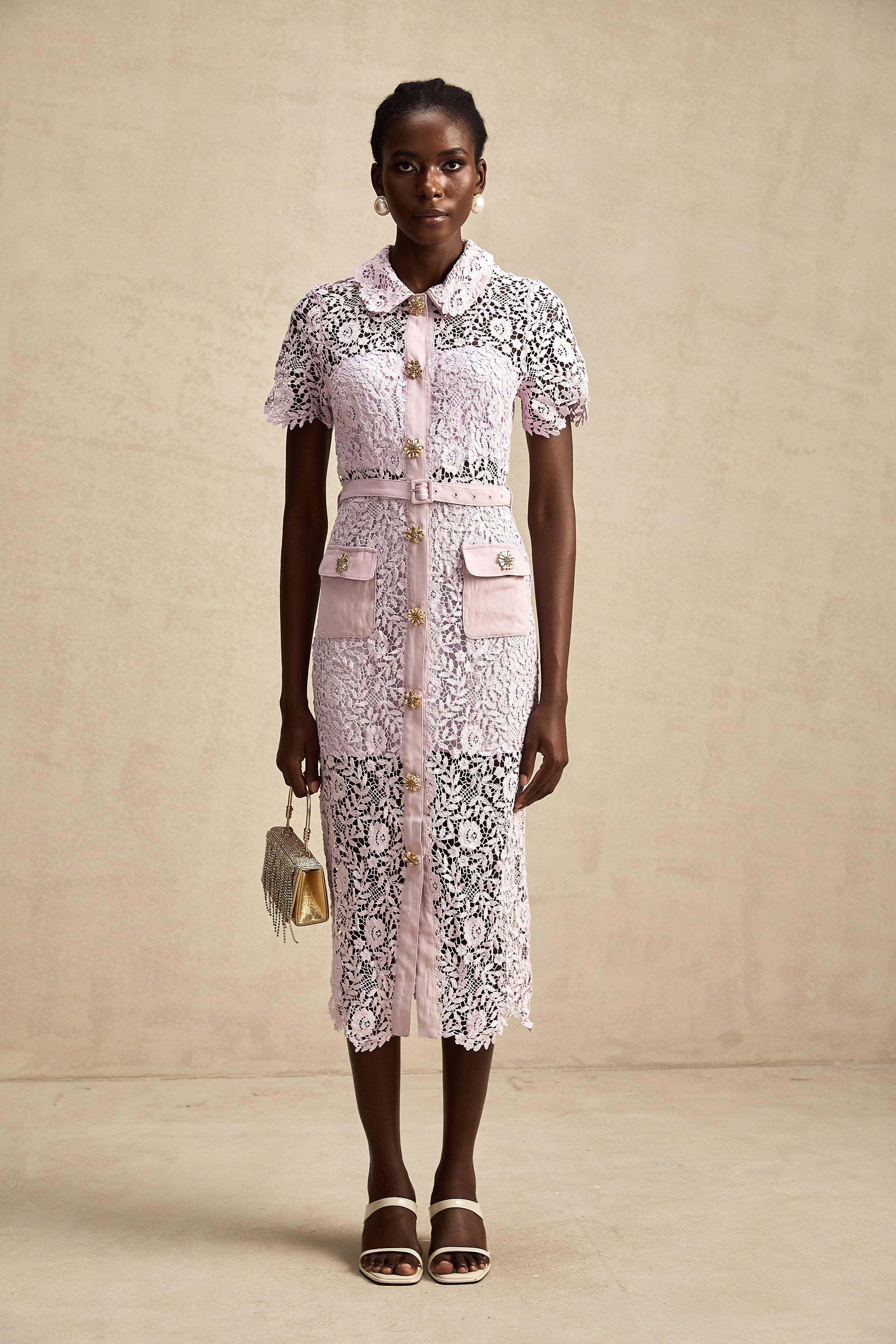 Olivia purple floral-embroidered lace belted midi dress (US Only)