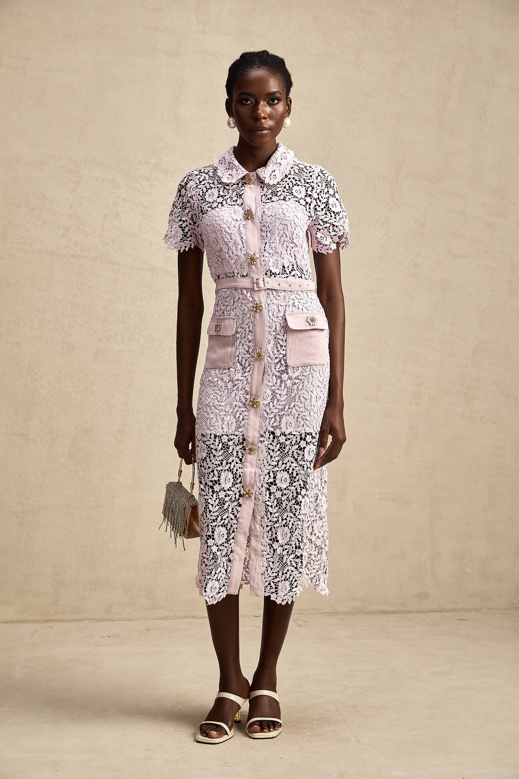 Olivia purple floral-embroidered lace belted midi dress (US Only)