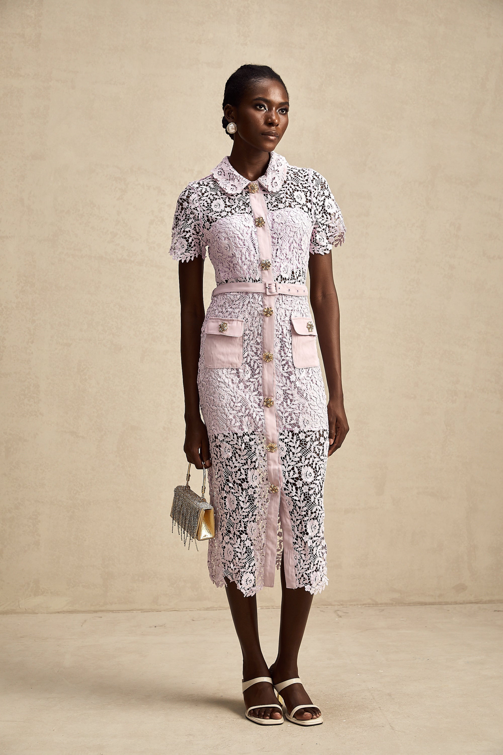 Olivia purple floral-embroidered lace belted midi dress (US Only)