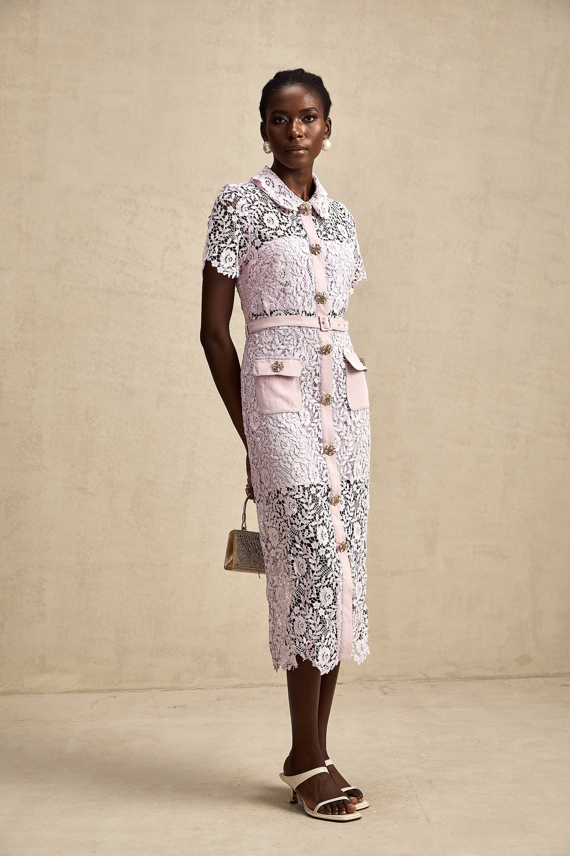 Olivia purple floral-embroidered lace belted midi dress (US Only)