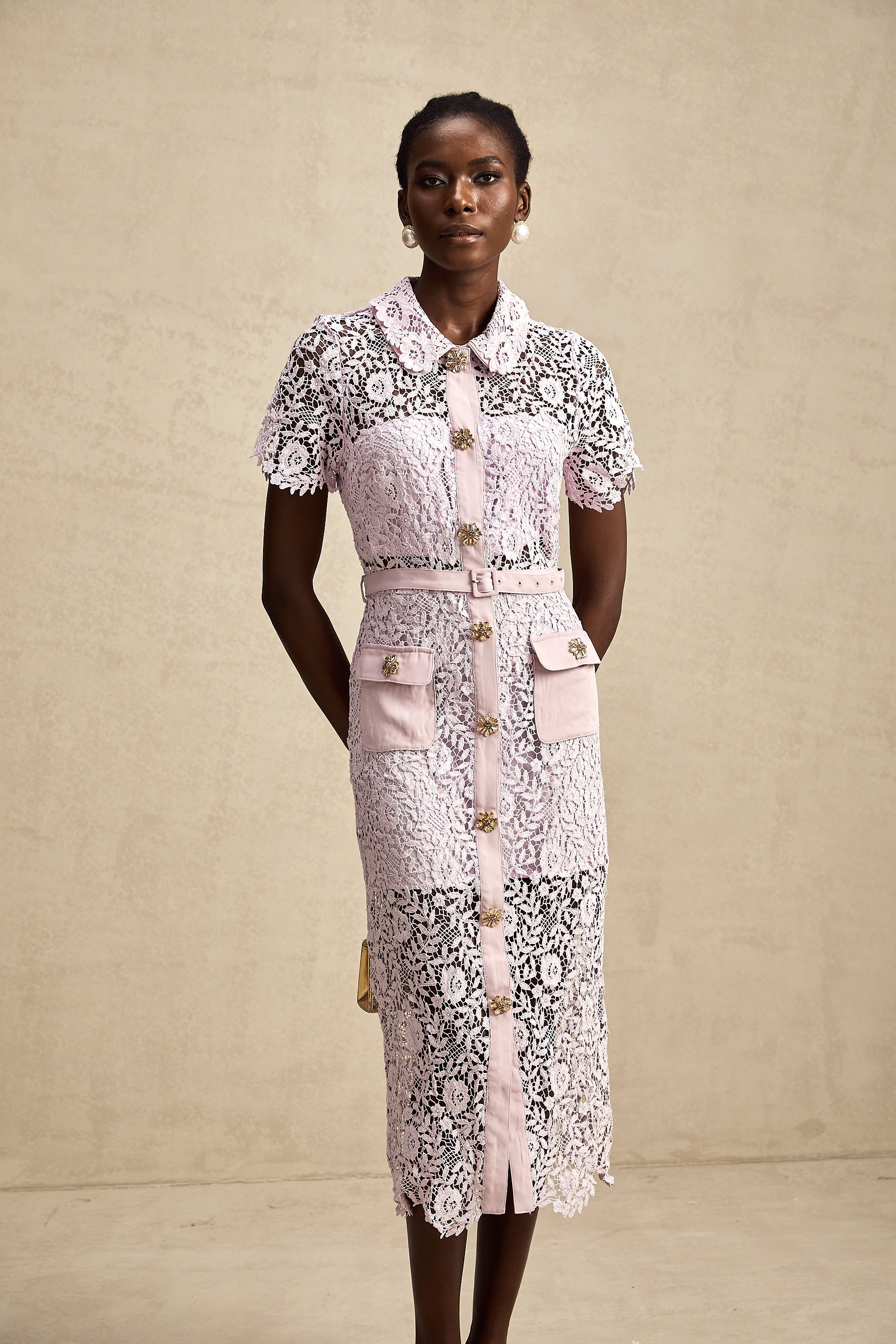 Olivia purple floral-embroidered lace belted midi dress (US Only)