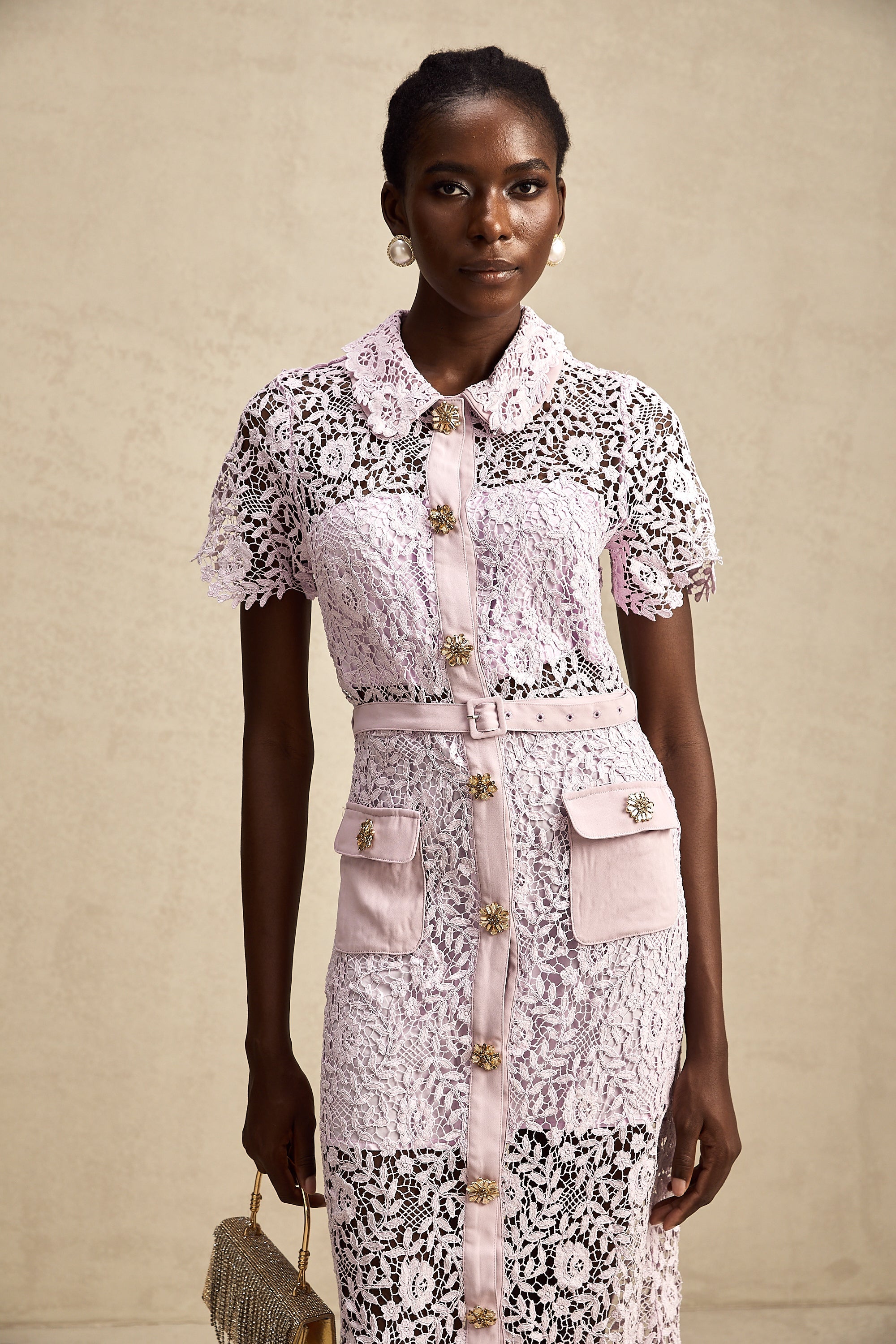 Olivia purple floral-embroidered lace belted midi dress (US Only)