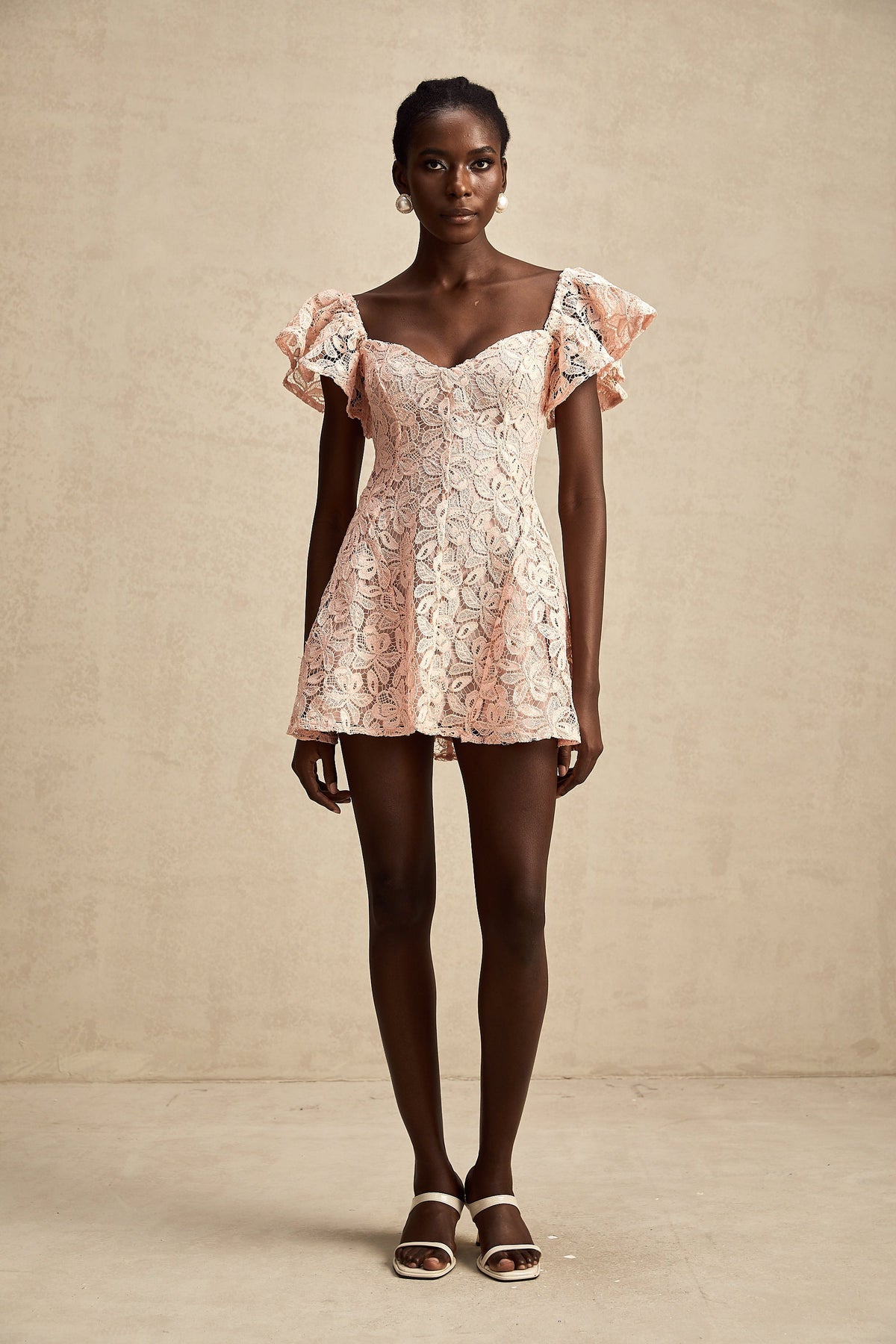 Esmée flutter-sleeve lace mini dress in Pink