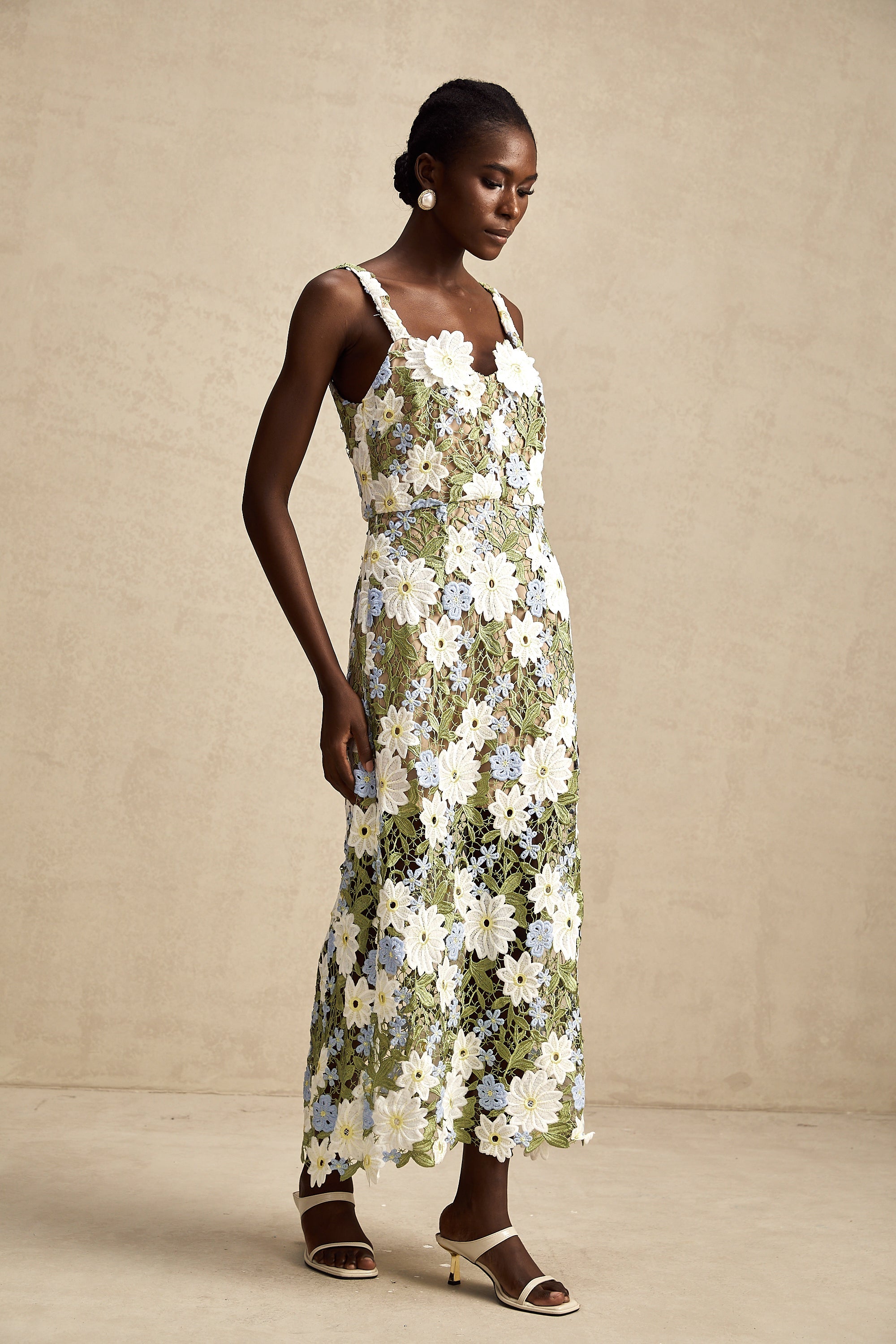 Carla floral embroidered hollow-carved midi dress (Final Sale)