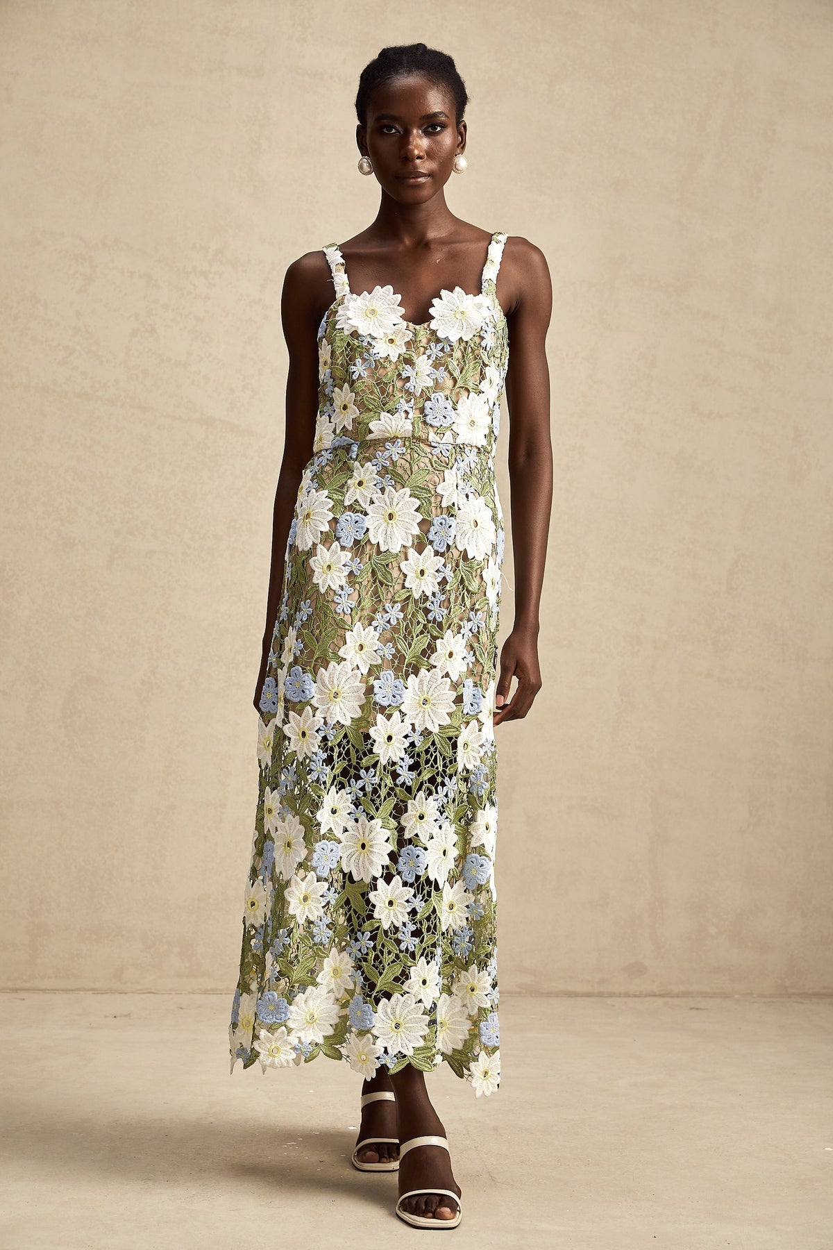Carla floral embroidered hollow-carved midi dress (Final Sale)