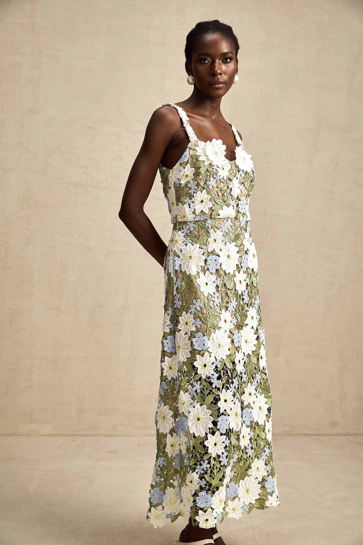 Carla floral embroidered hollow-carved midi dress (Final Sale)