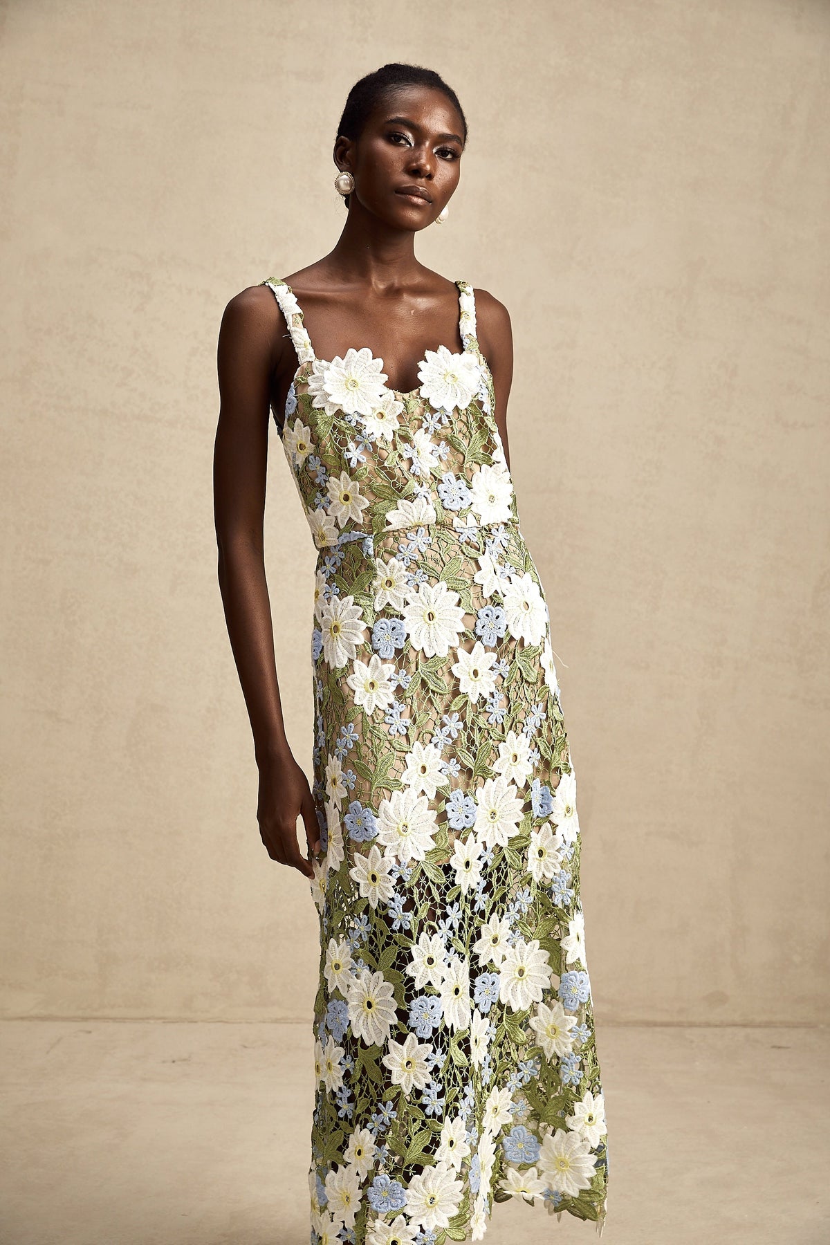 Carla floral embroidered hollow-carved midi dress (Final Sale)