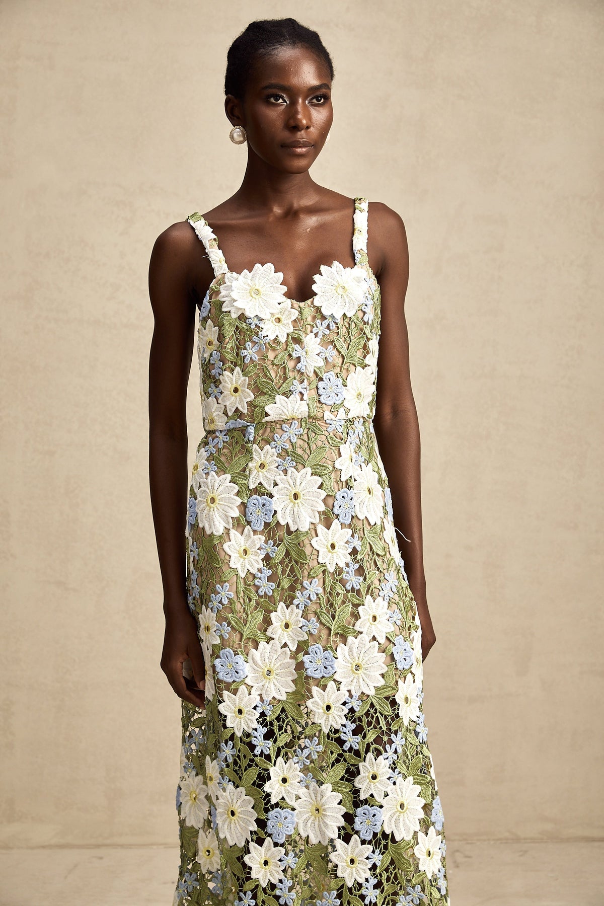 Carla floral embroidered hollow-carved midi dress (Final Sale)