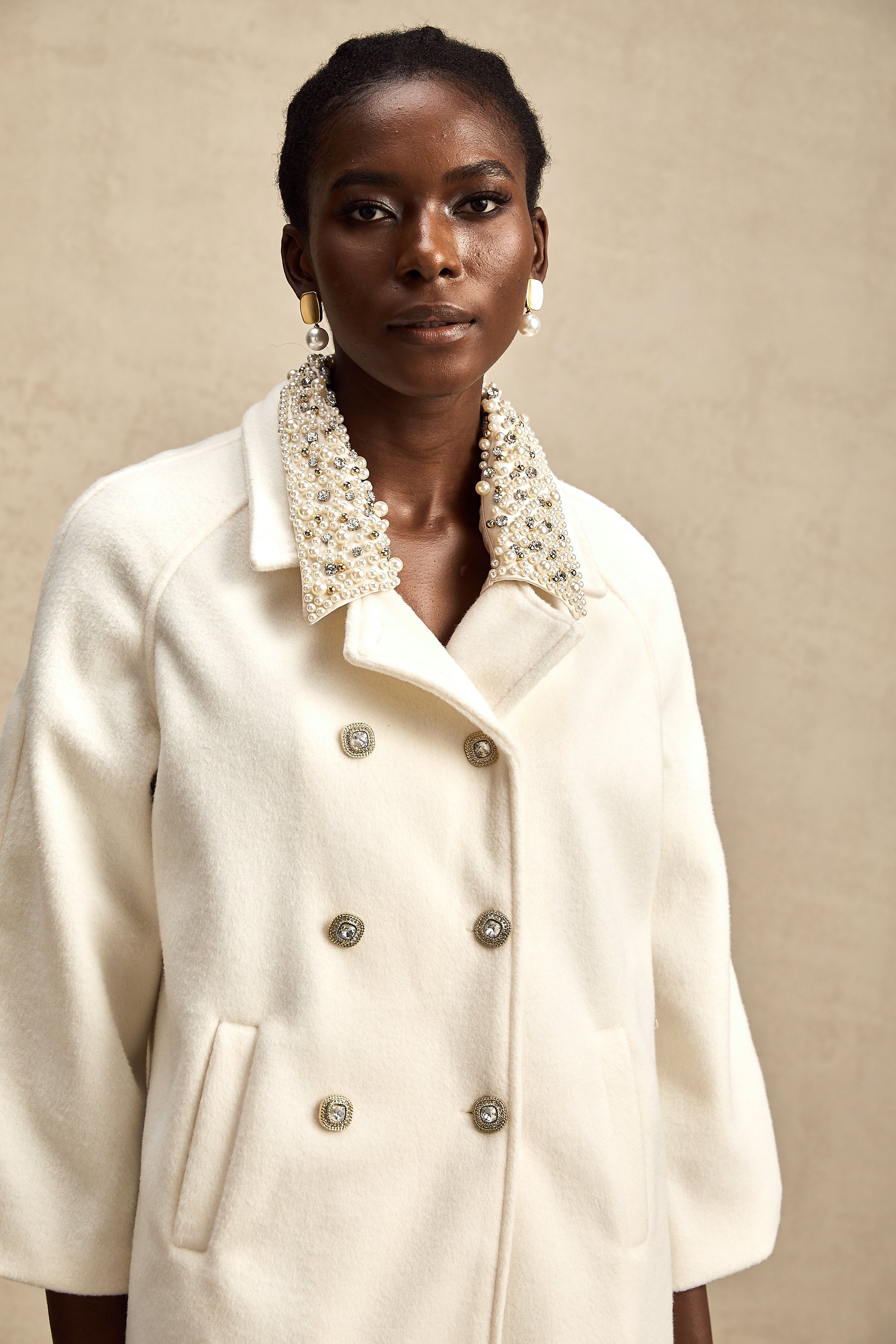 Fabienne white embellished woolen coat (US Only)